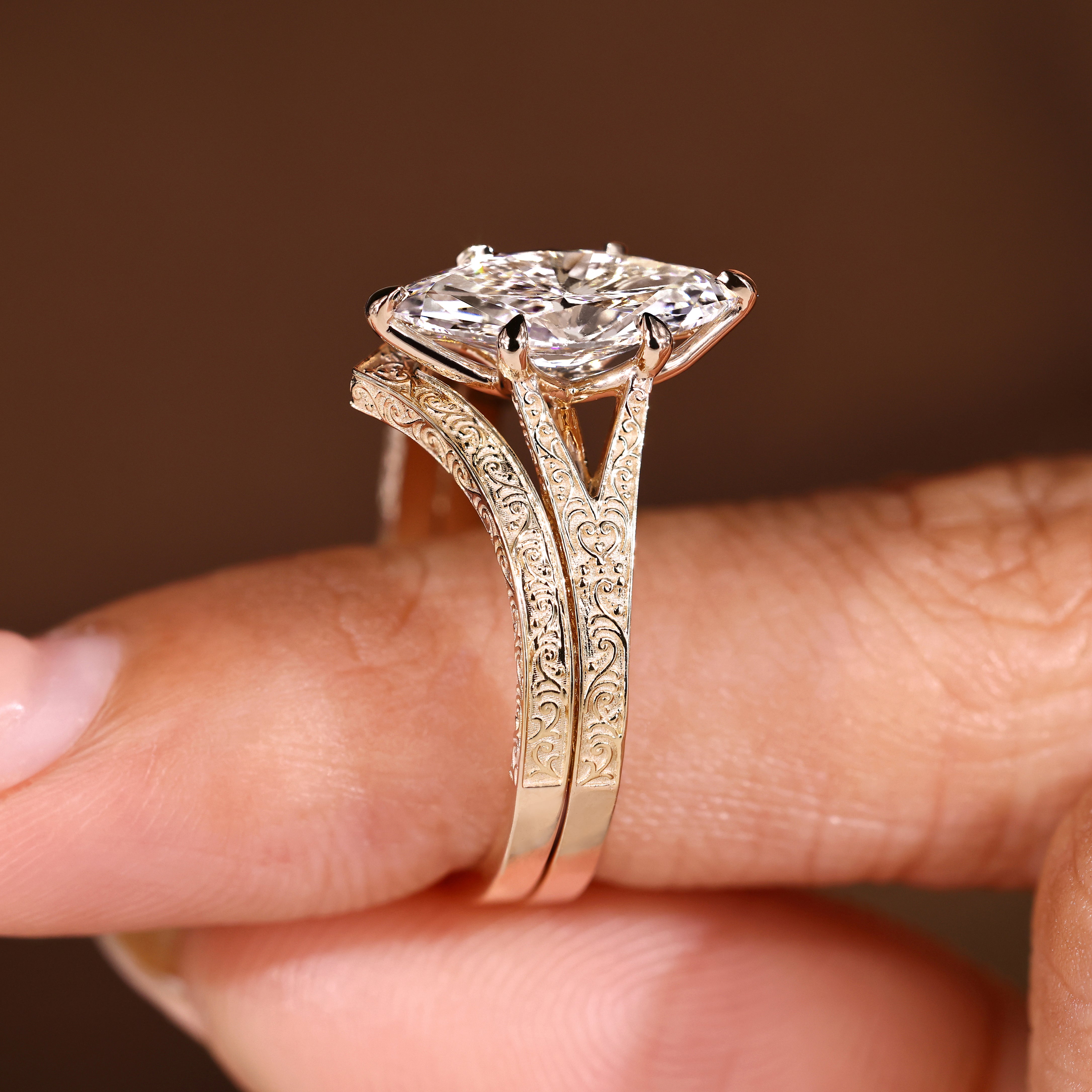 Lab Grown Diamond marquise engagement ring with a stackable contour wedding band

