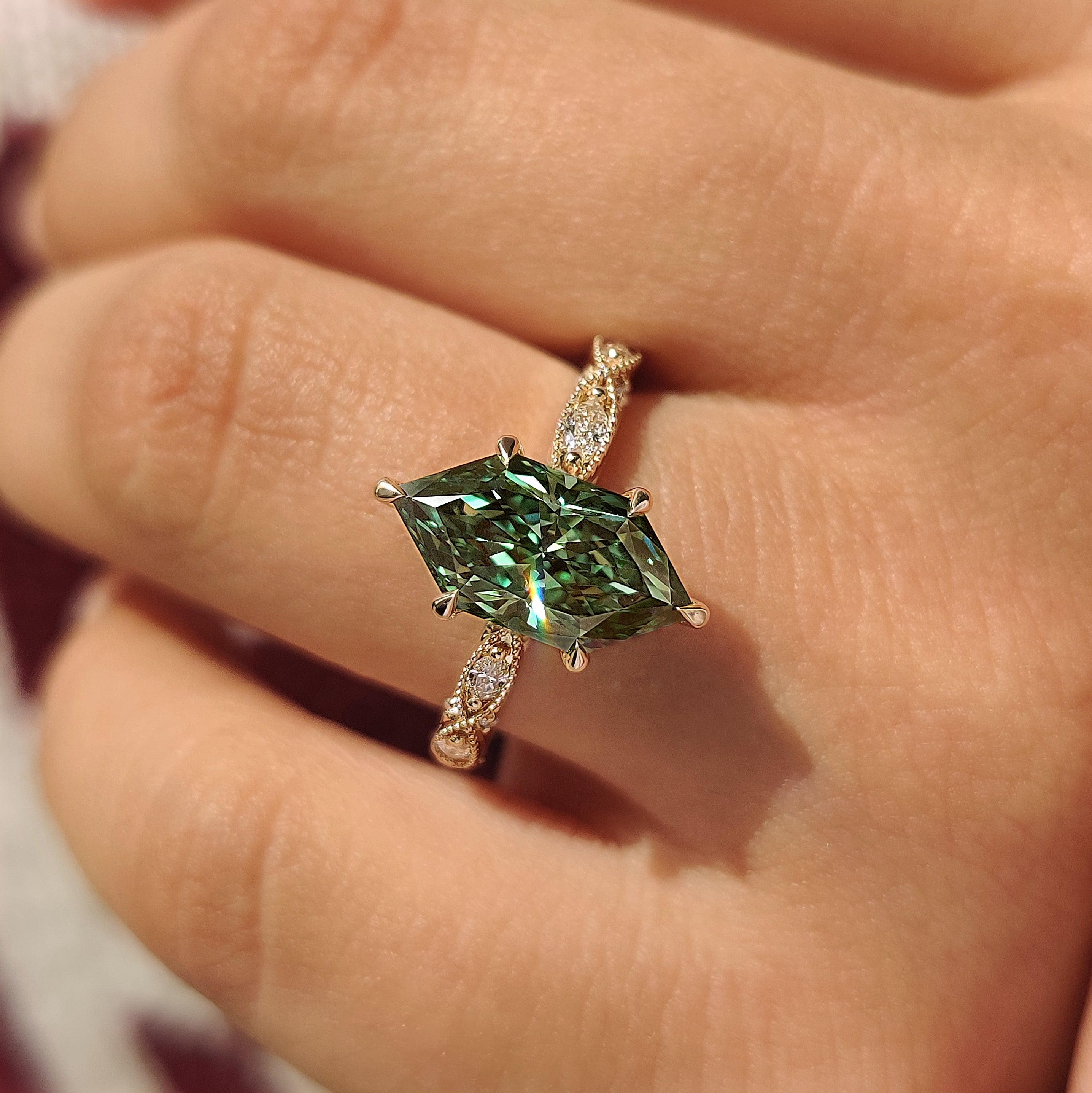 Handmade green dutch marquise engagement ring
