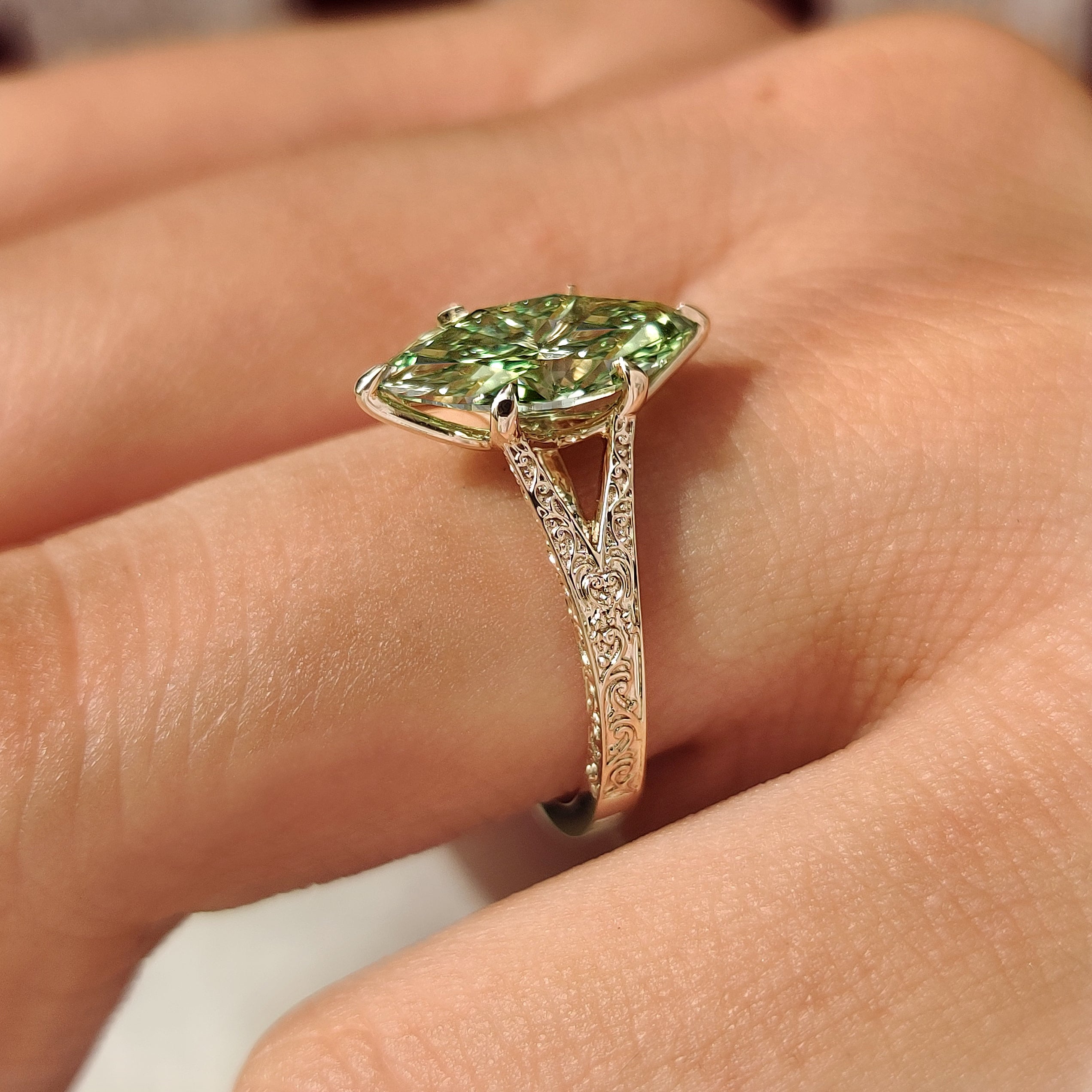 Handmade lab grown green marquise diamond solitaire ring

