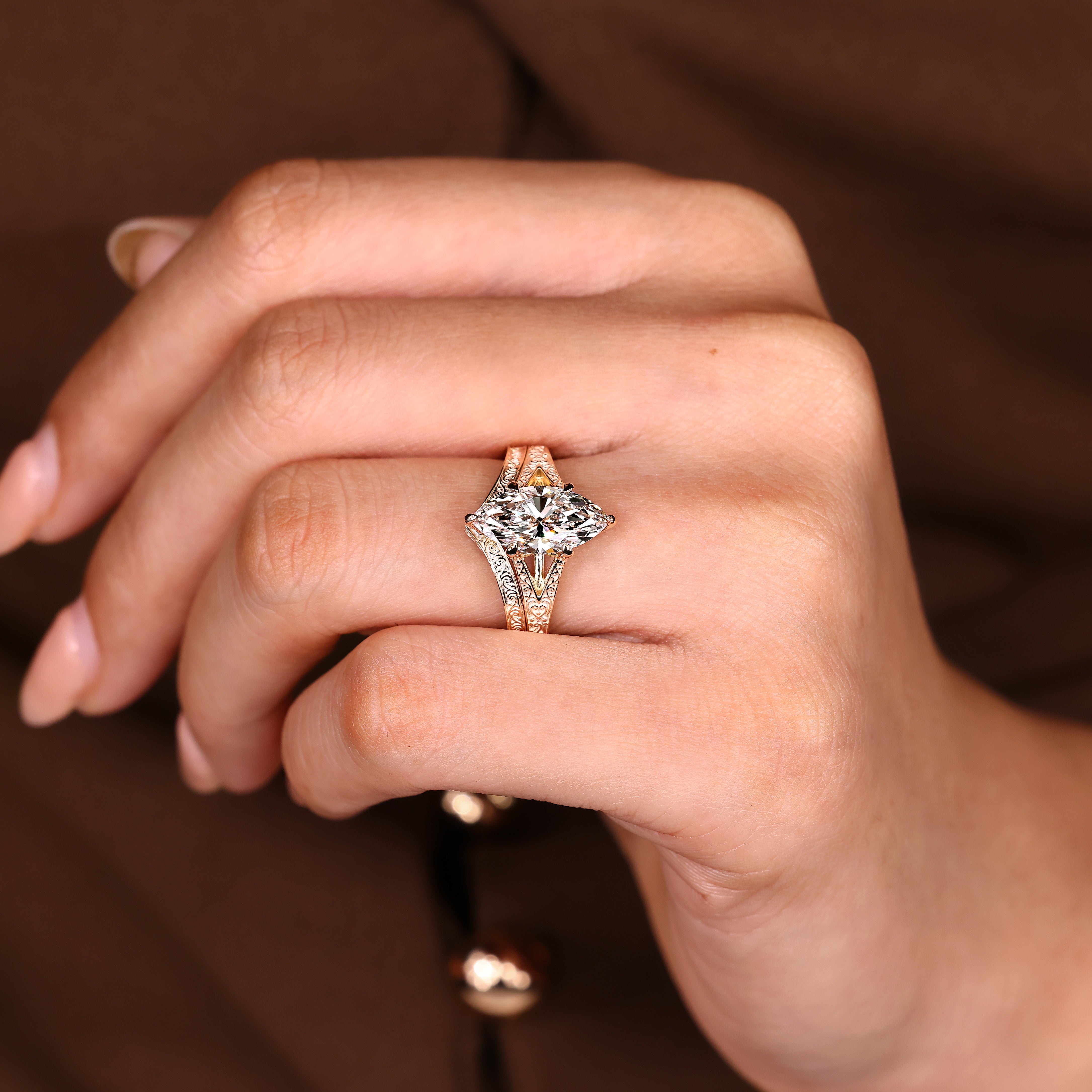 Marquise engagement ring set with a tulip setting and vintage stackable wedding band
