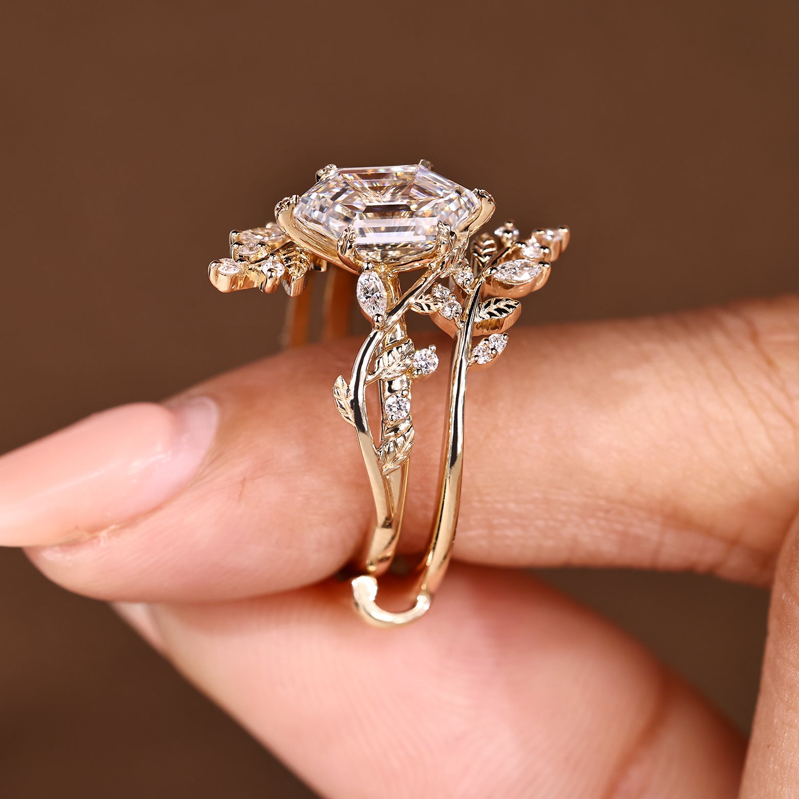 Cluster style hexagon diamond ring with matching curved band
