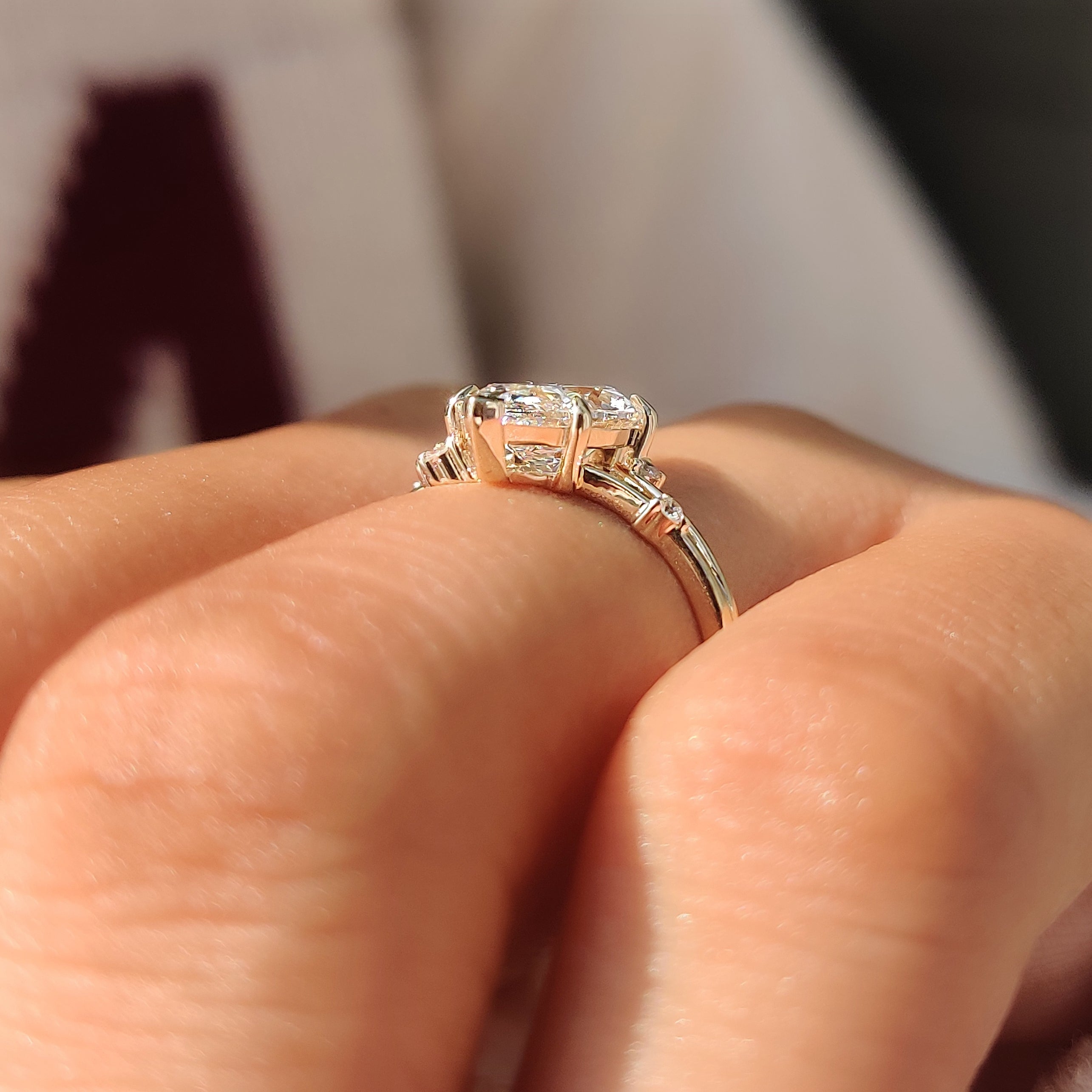 Lab grown marquise diamond in an open gallery setting.
