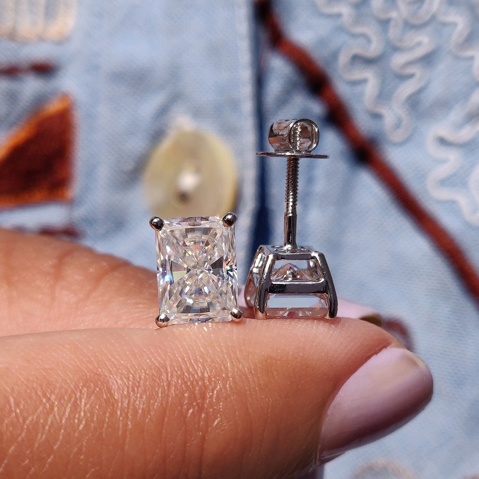 Radiant cut earrings paired with Stud Earrings in white gold and Lab Grown Moissanite.
