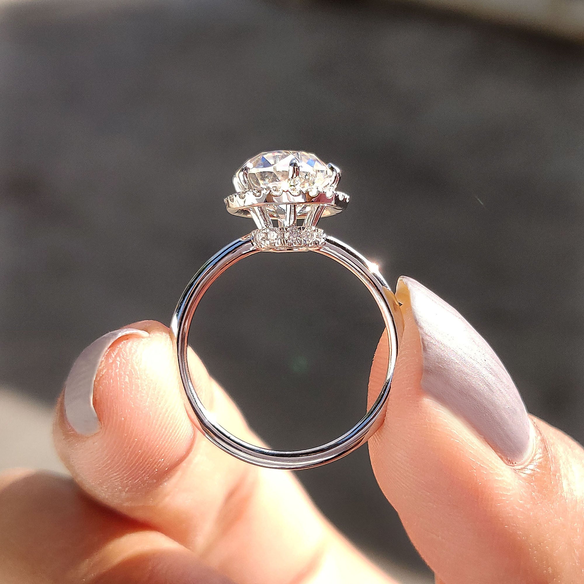 This hidden halo moissanite ring shines with hidden detail and brilliance.
