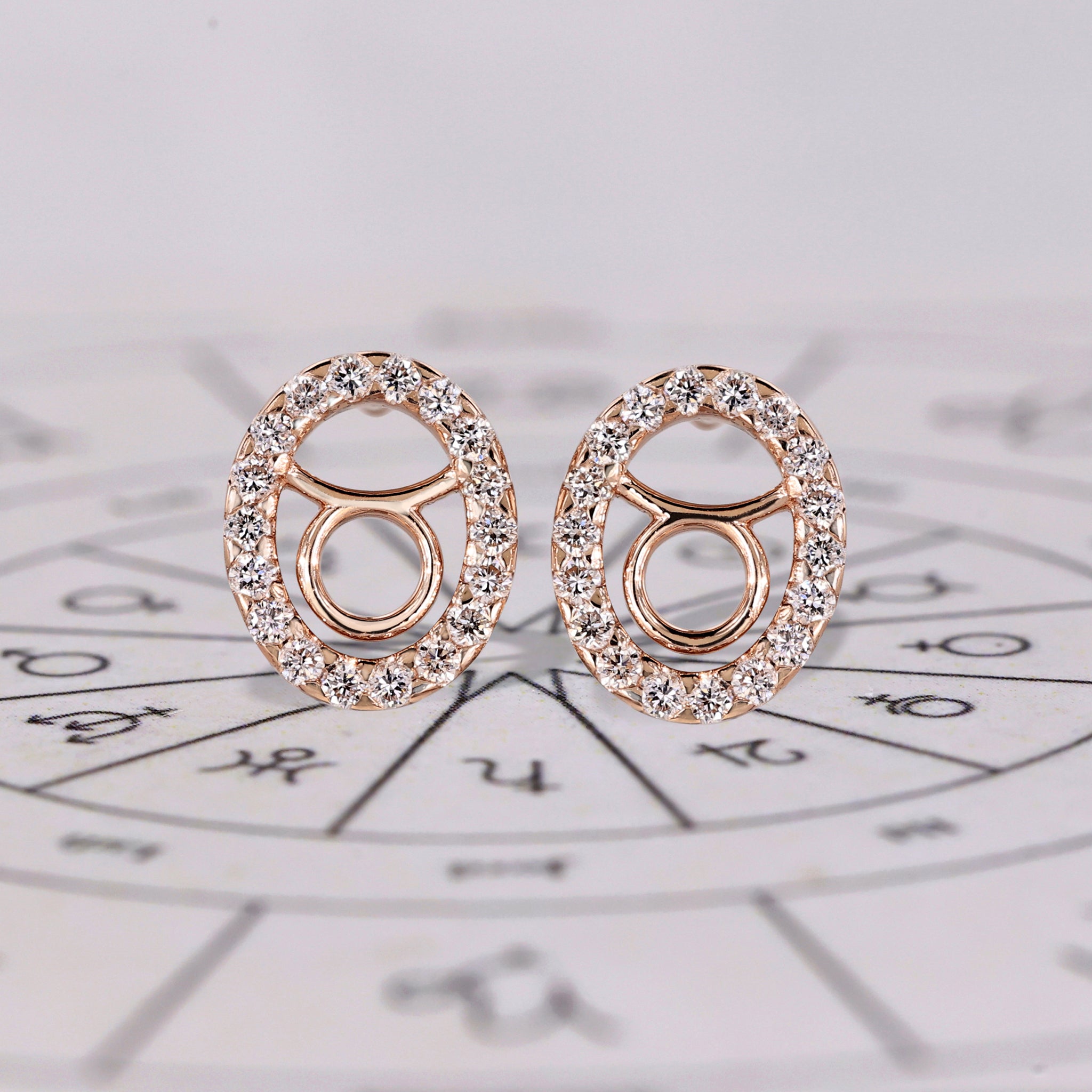 Taurus earrings in rose gold with round diamond halo studs.
