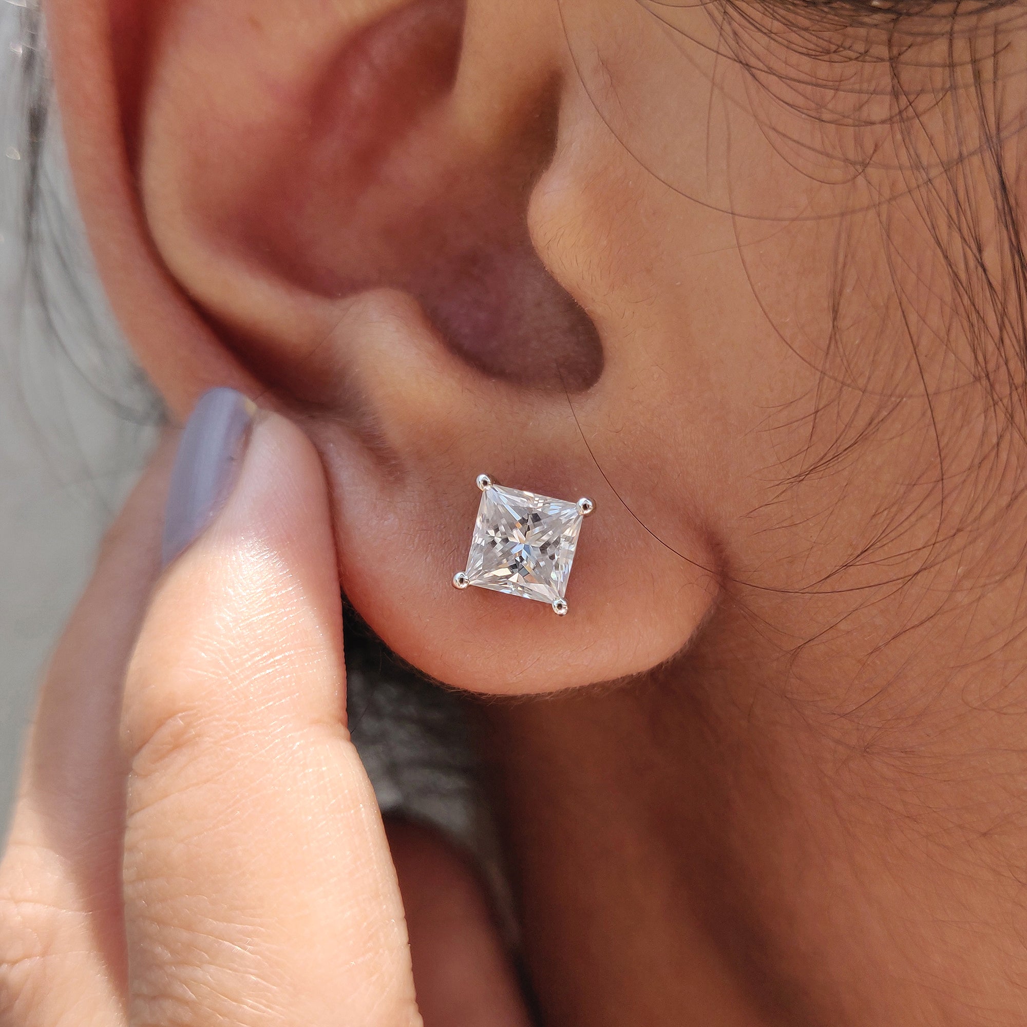 Stud Earrings with 4 prong setting and Princess Cut Moissanite for Everyday Earrings.
