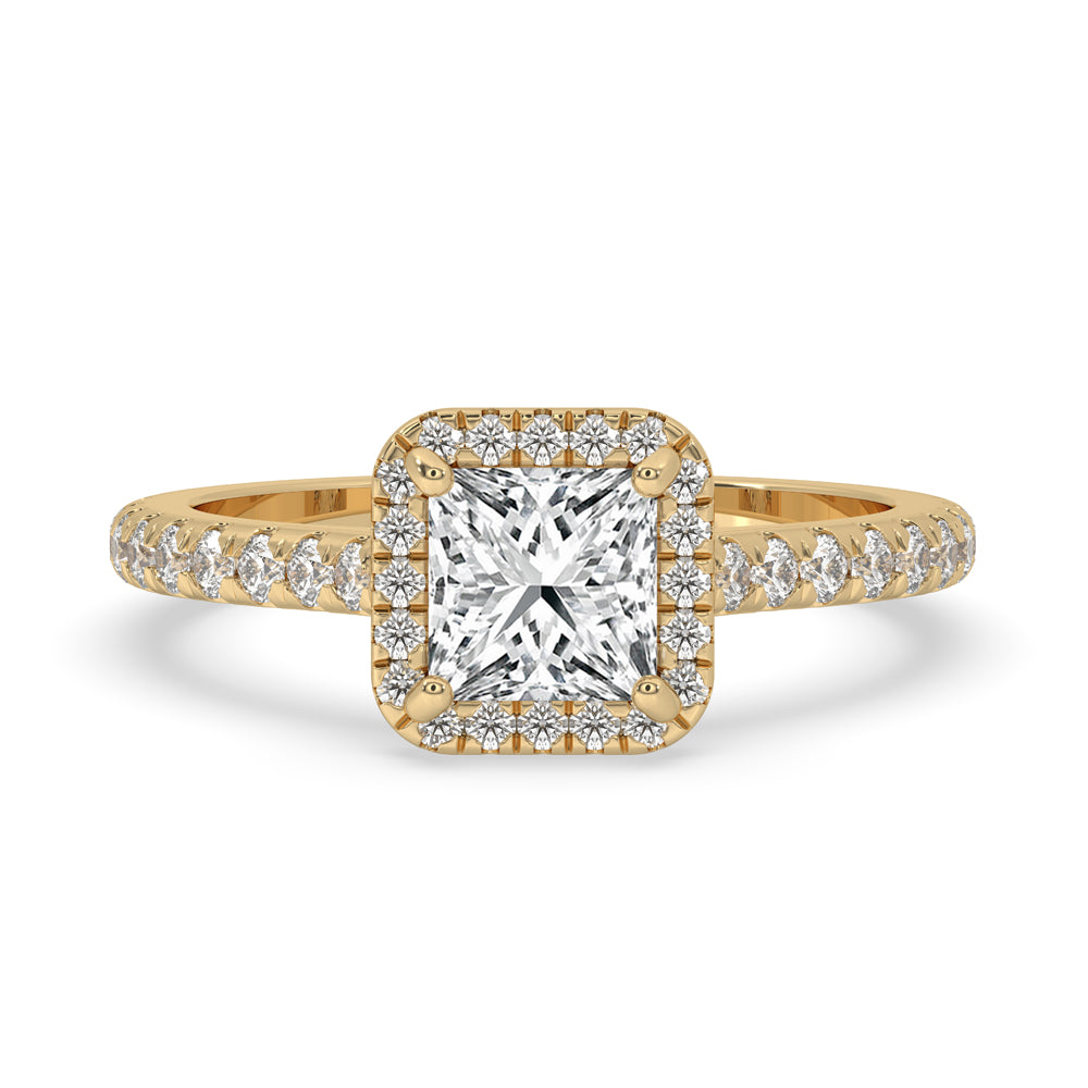 Princess cut diamond engagement ring with halo setting, IGI certified.
