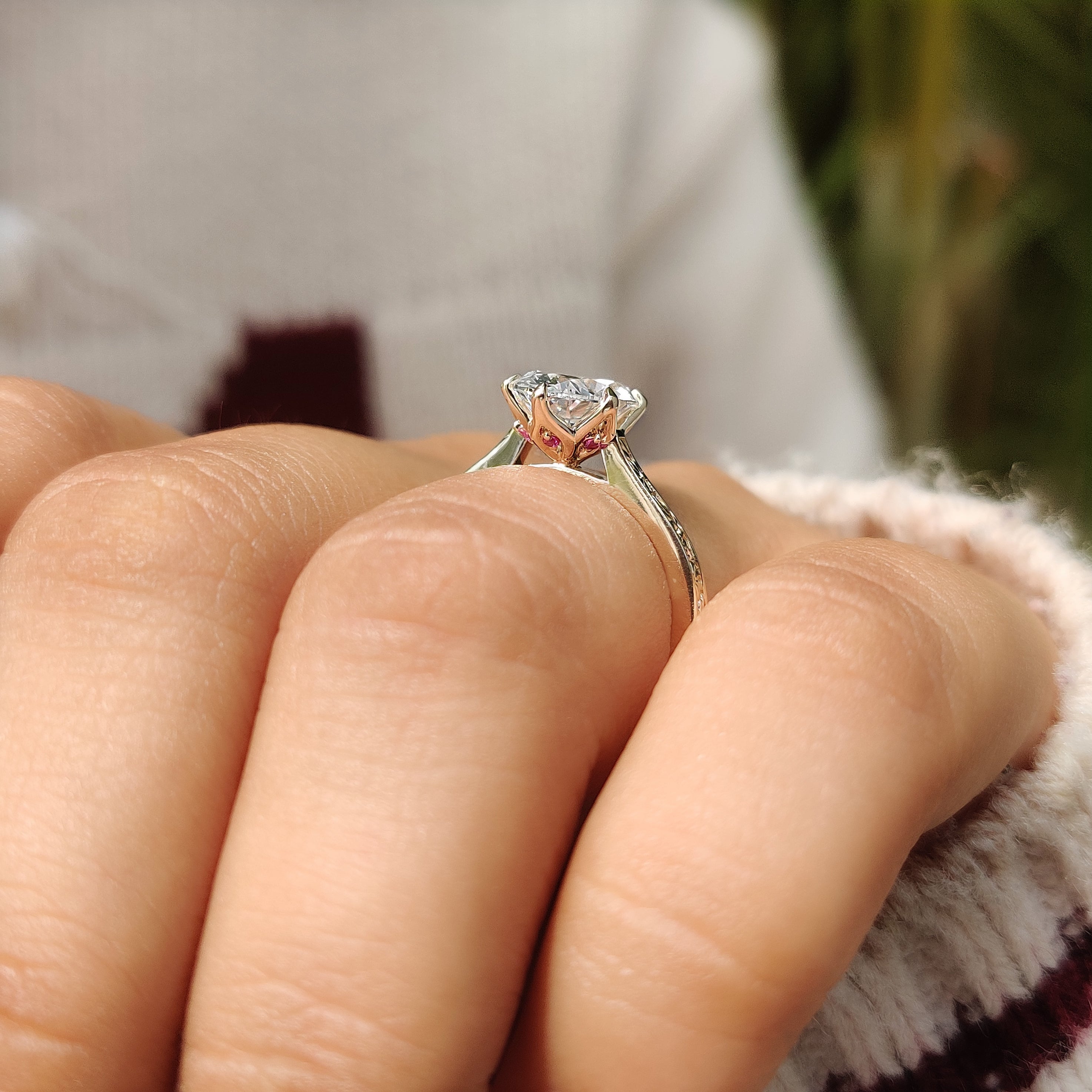Art deco oval diamond ring with hand engraved details

