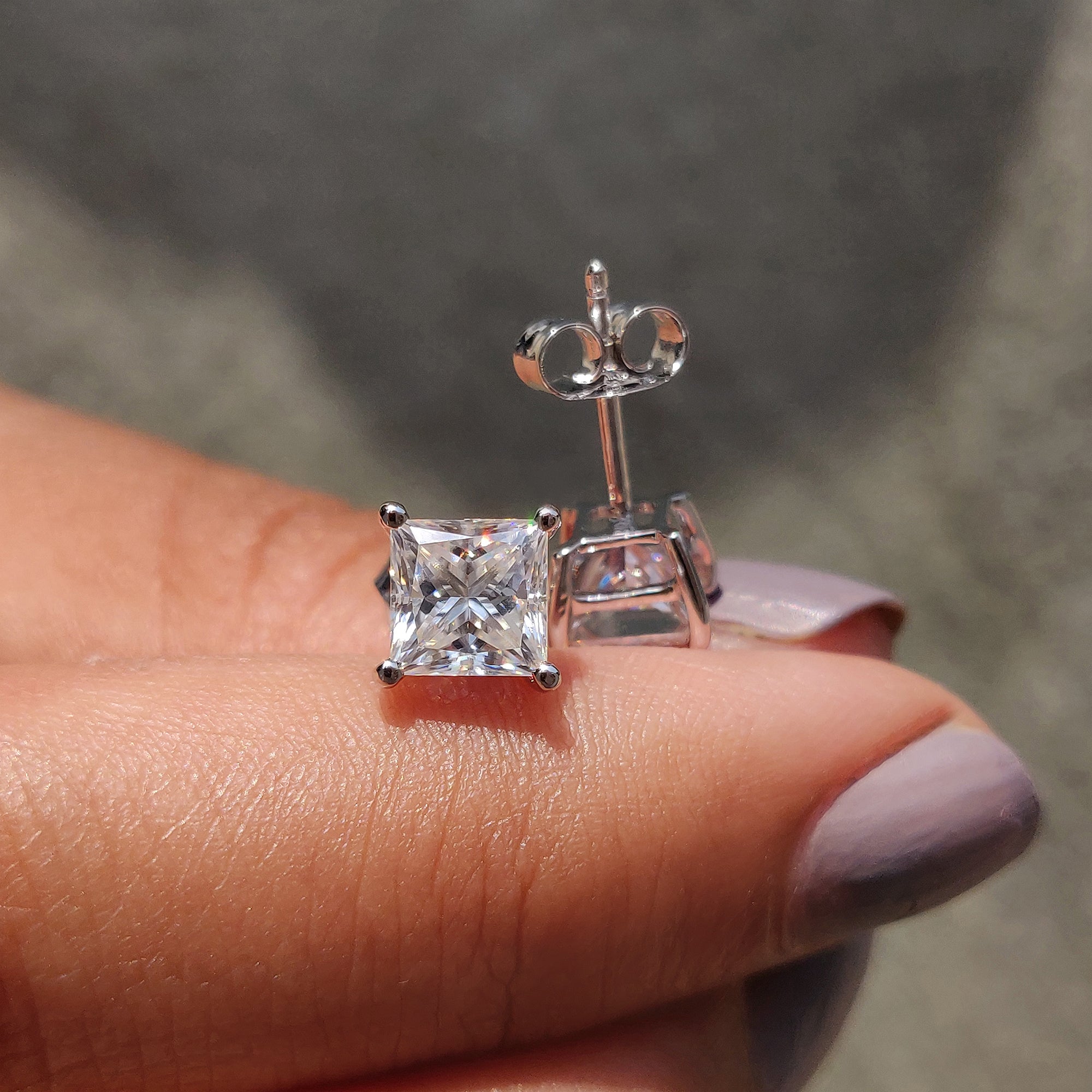 Moissanite Stud Earrings featuring Princess Cut earrings and handmade earrings finish.
