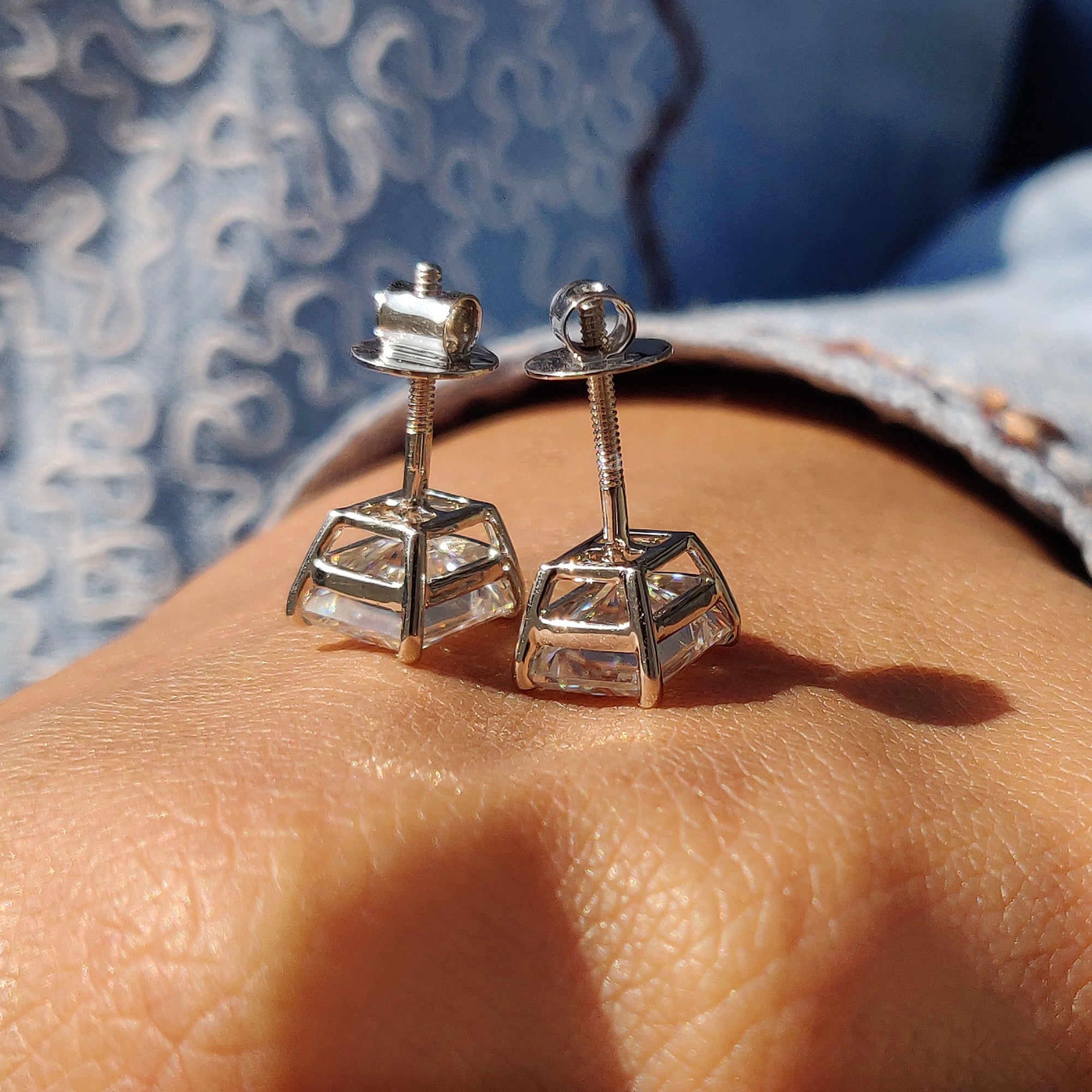 Screw back earrings included with handmade earrings using radiant cut Moissanite.

