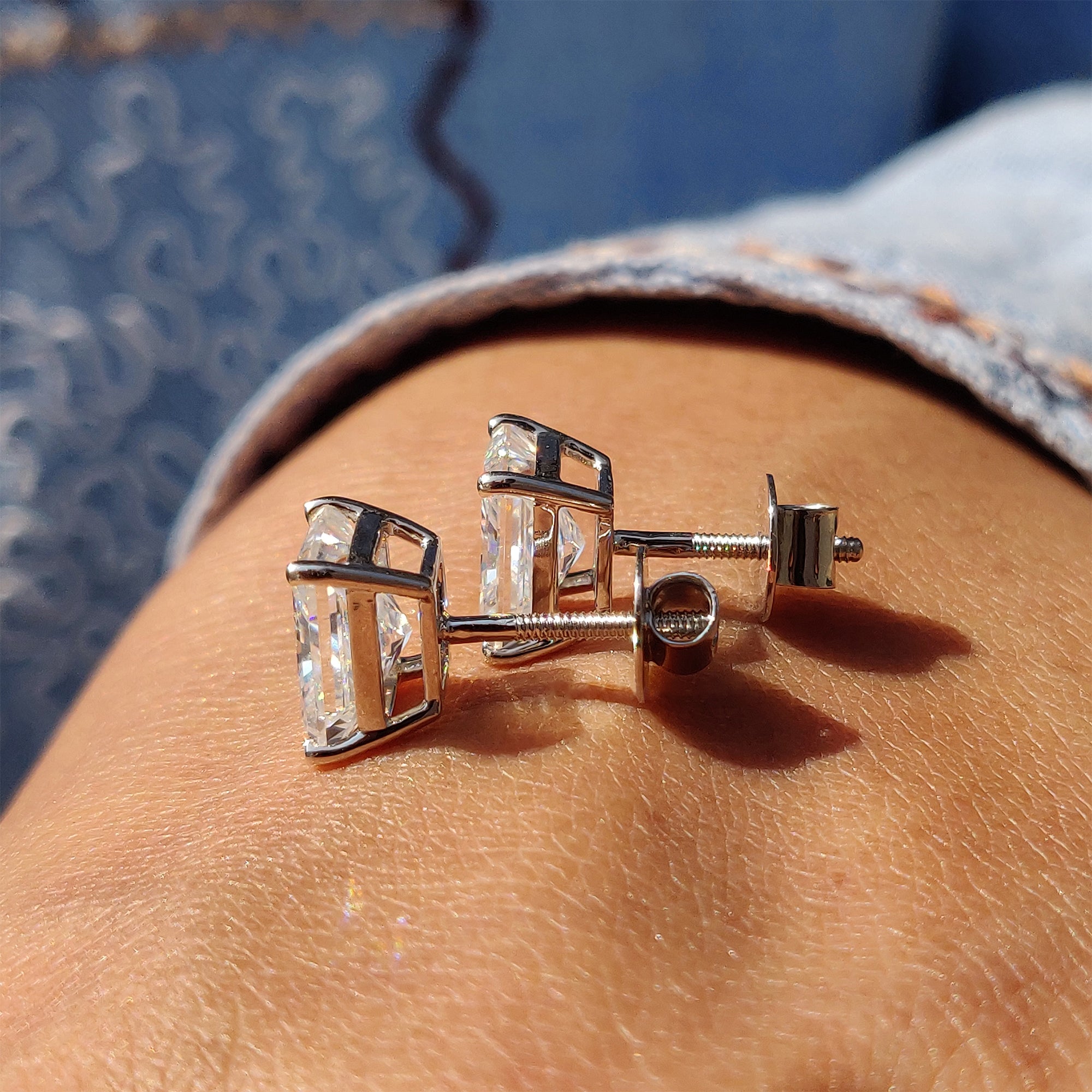 Everyday Earrings made with Stud Earrings using radiant cut Moissanite Earrings.
