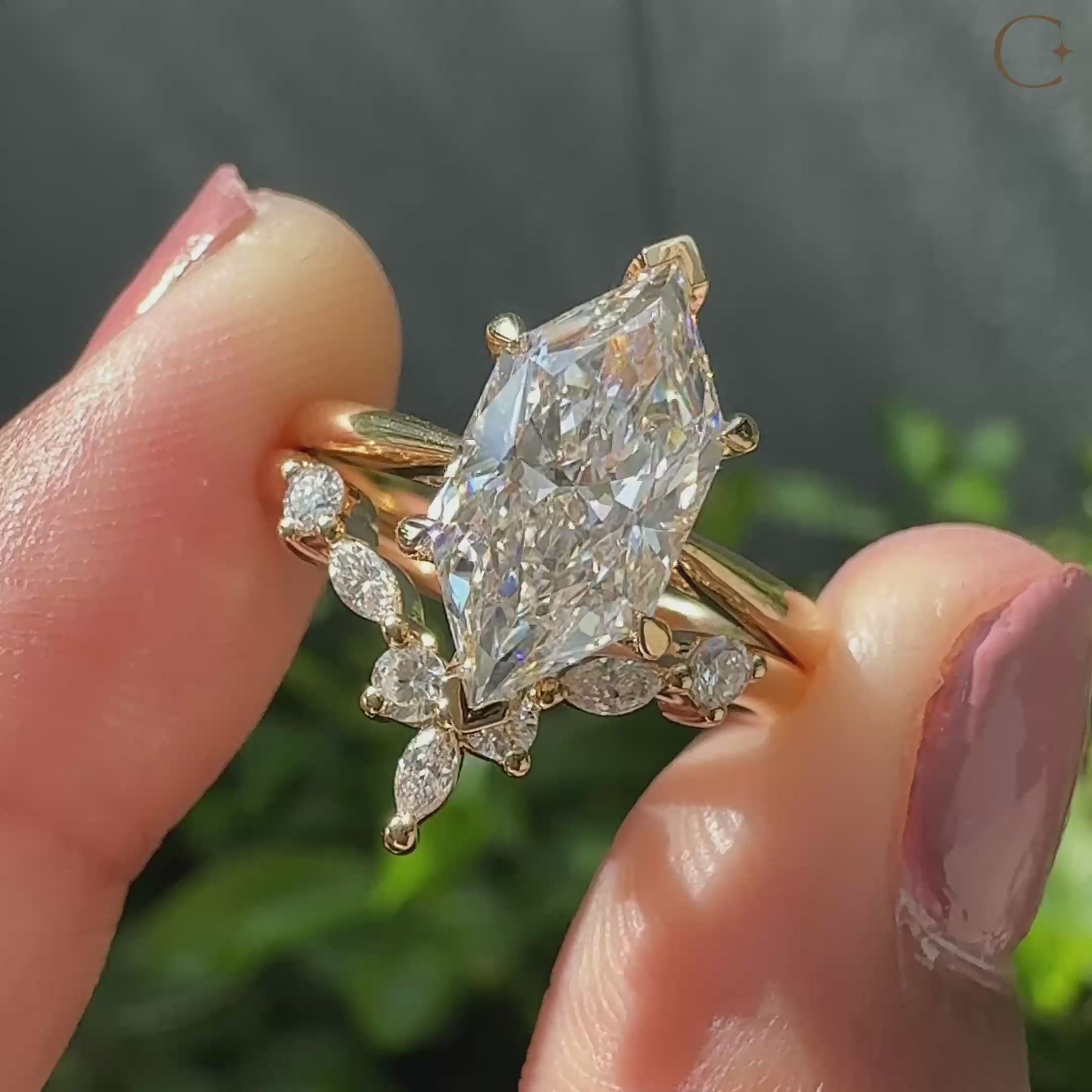 Hidden halo ring in tapered shank ring.