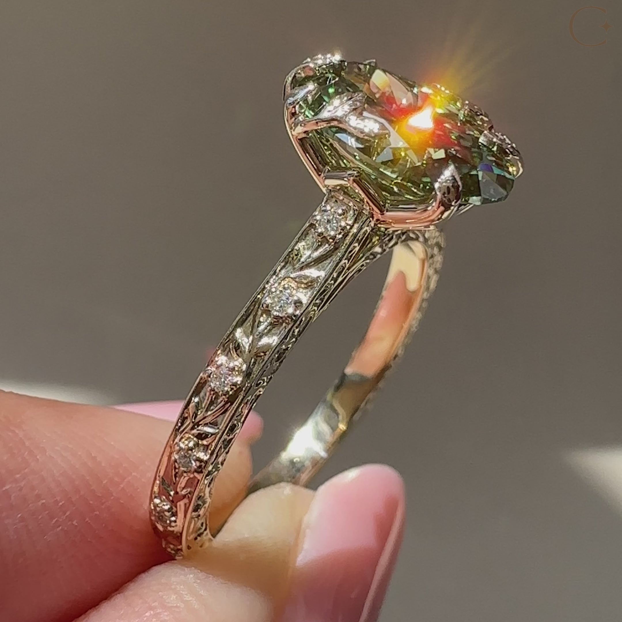 Nature inspired green oval ring with shank design.
