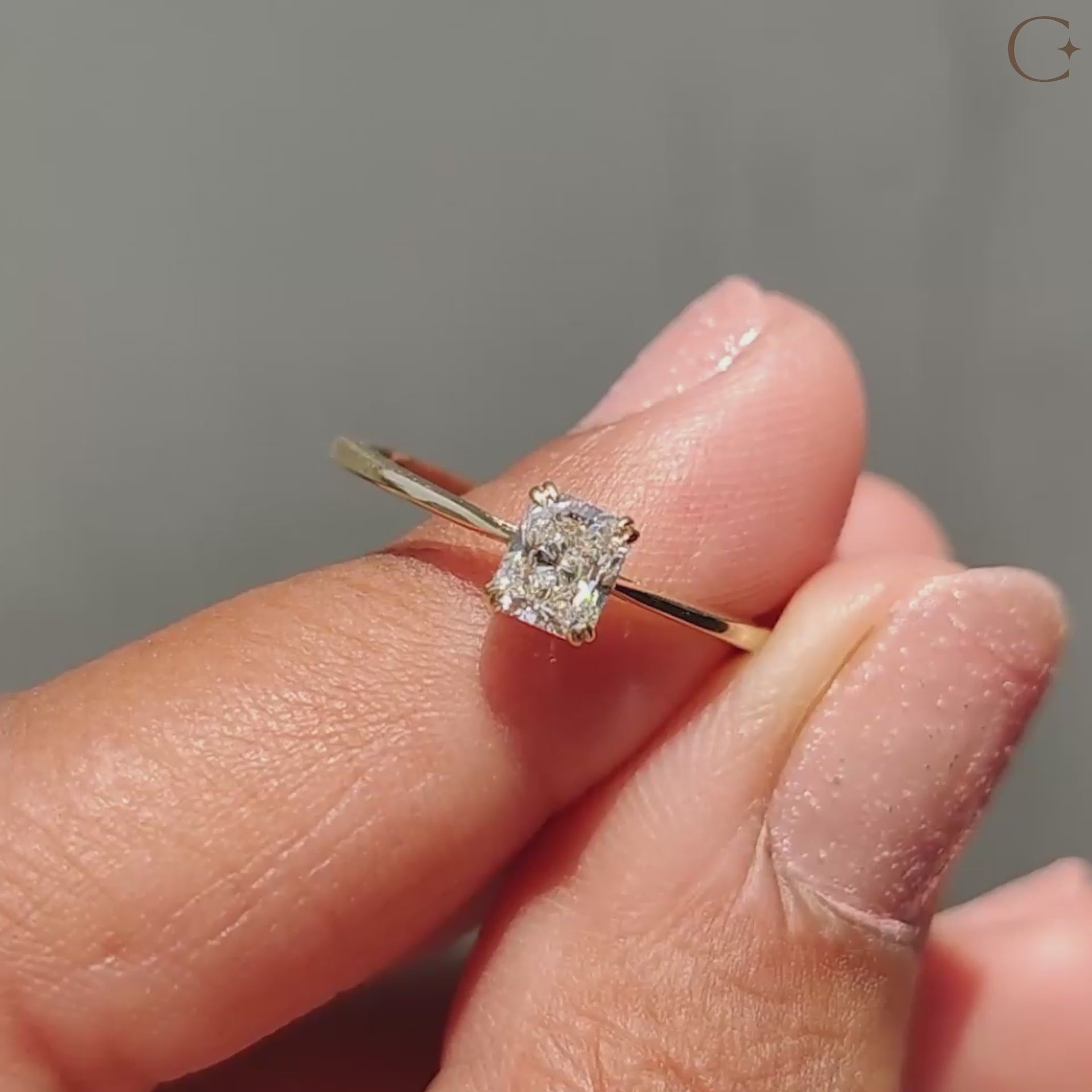 Classic solitaire ring featuring a radiant cut diamond.
