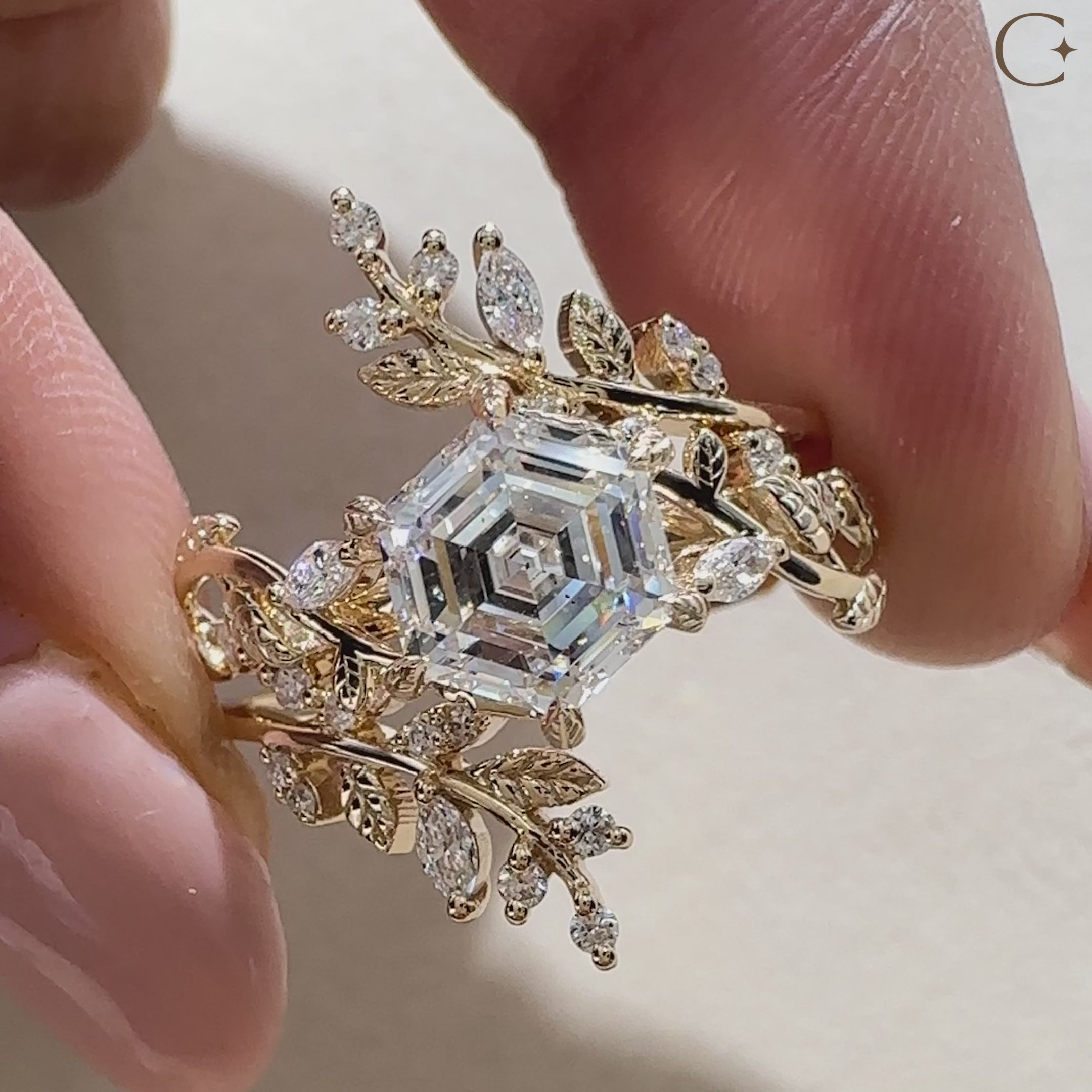 Lab grown diamond ring set with nature inspired details
