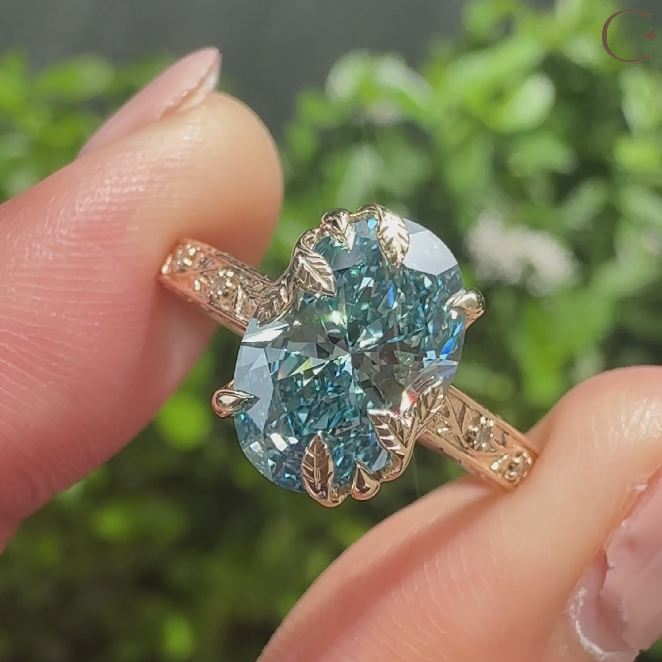 Handmade lab grown oval diamond ring with floral details