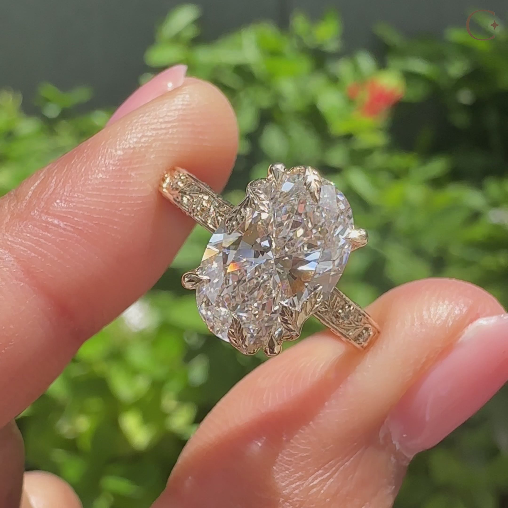 Oval lab grown diamond ring with euro shank design