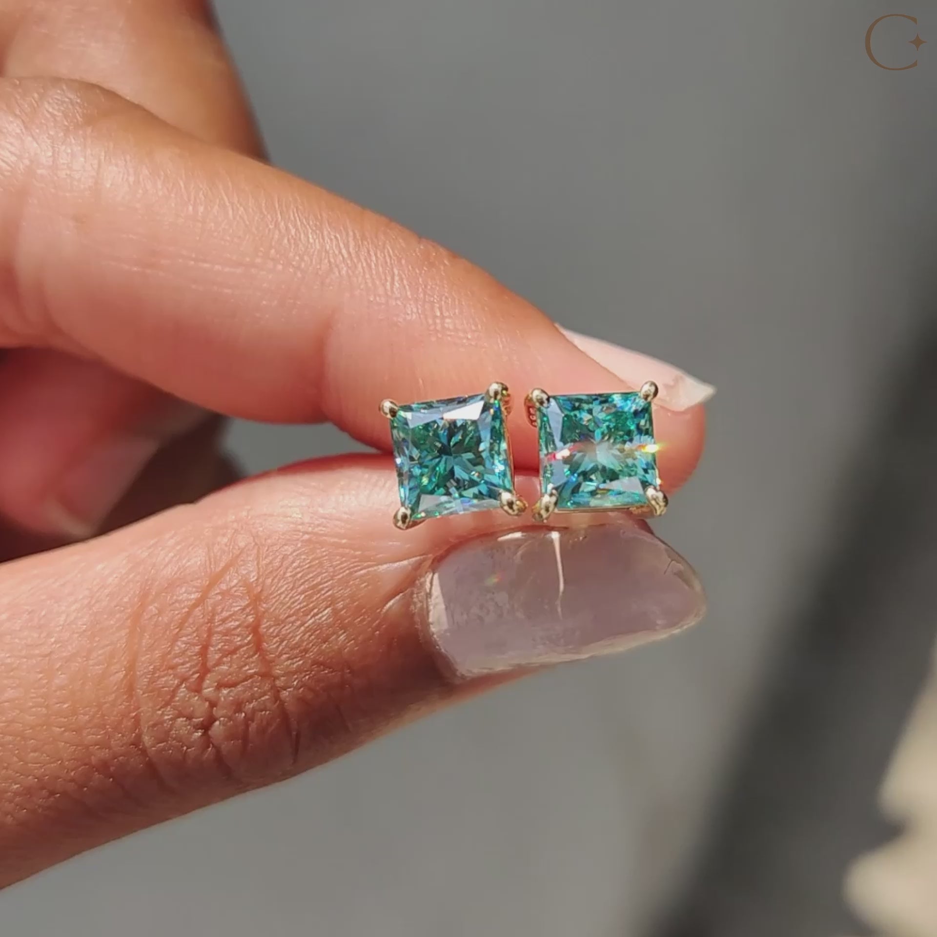 Princess Cut earrings created as Moissanite Stud earrings with screw back earrings for secure wear.

