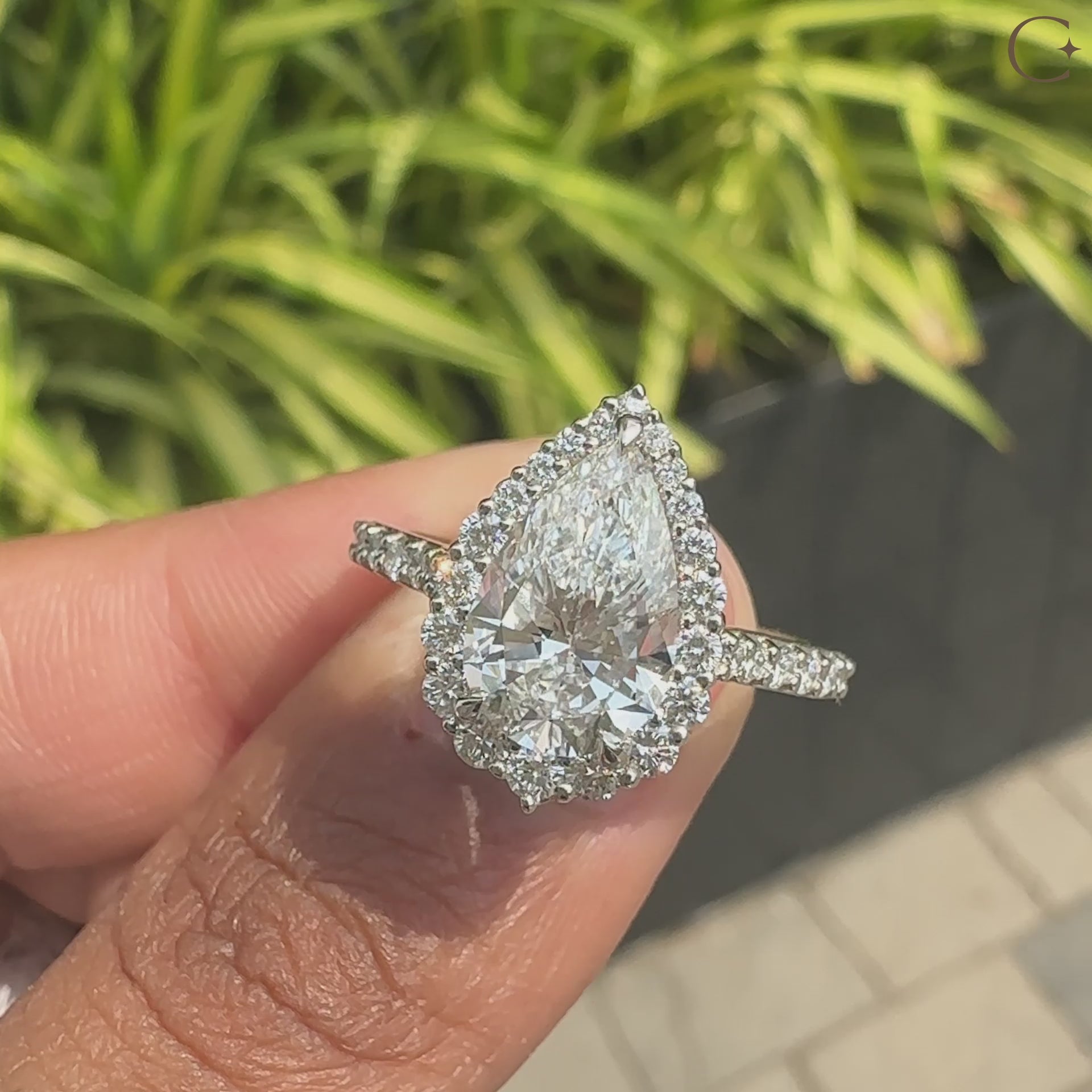 Pear cut diamond ring in a classic halo setting.
