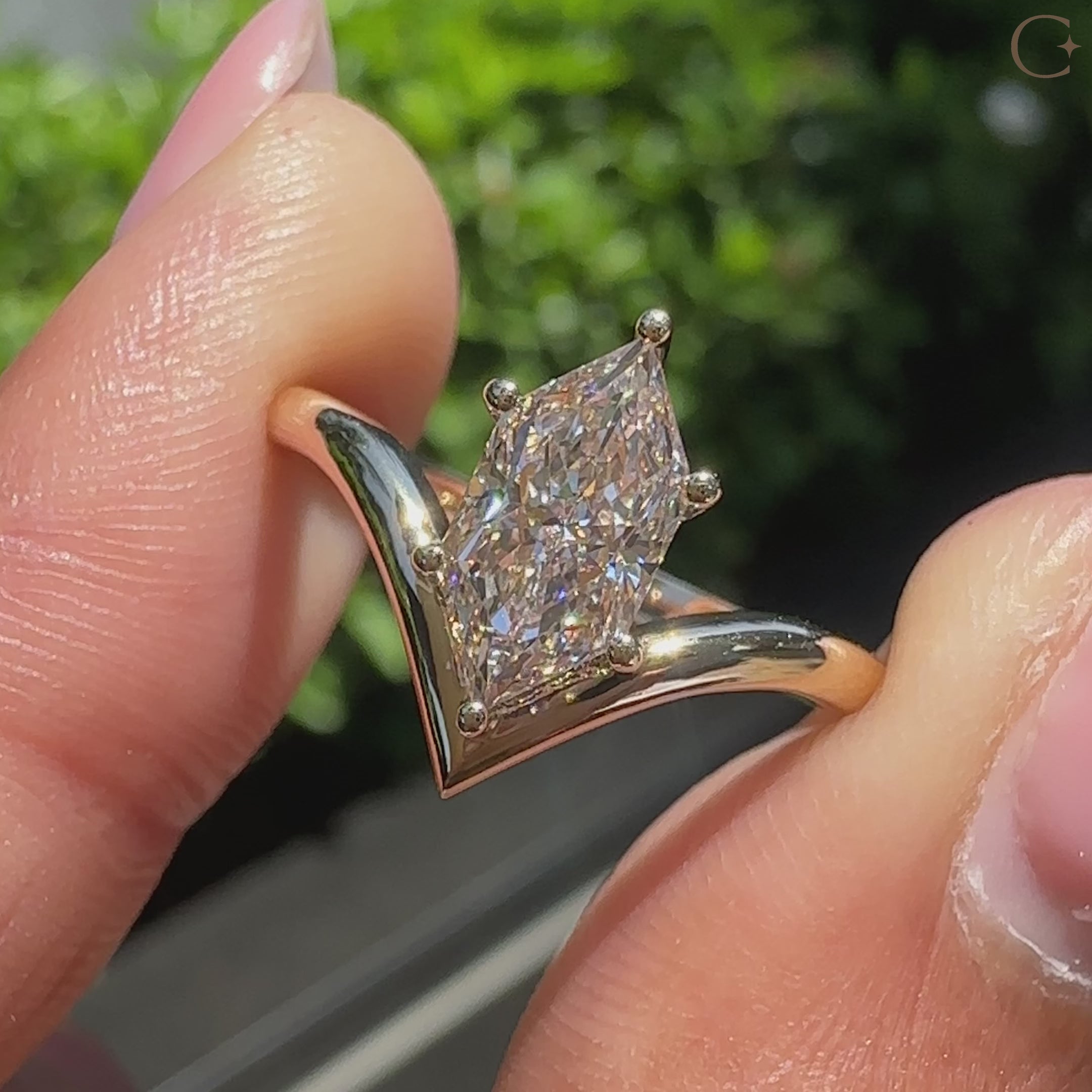 Dutch marquise diamond in a V shape setting.
