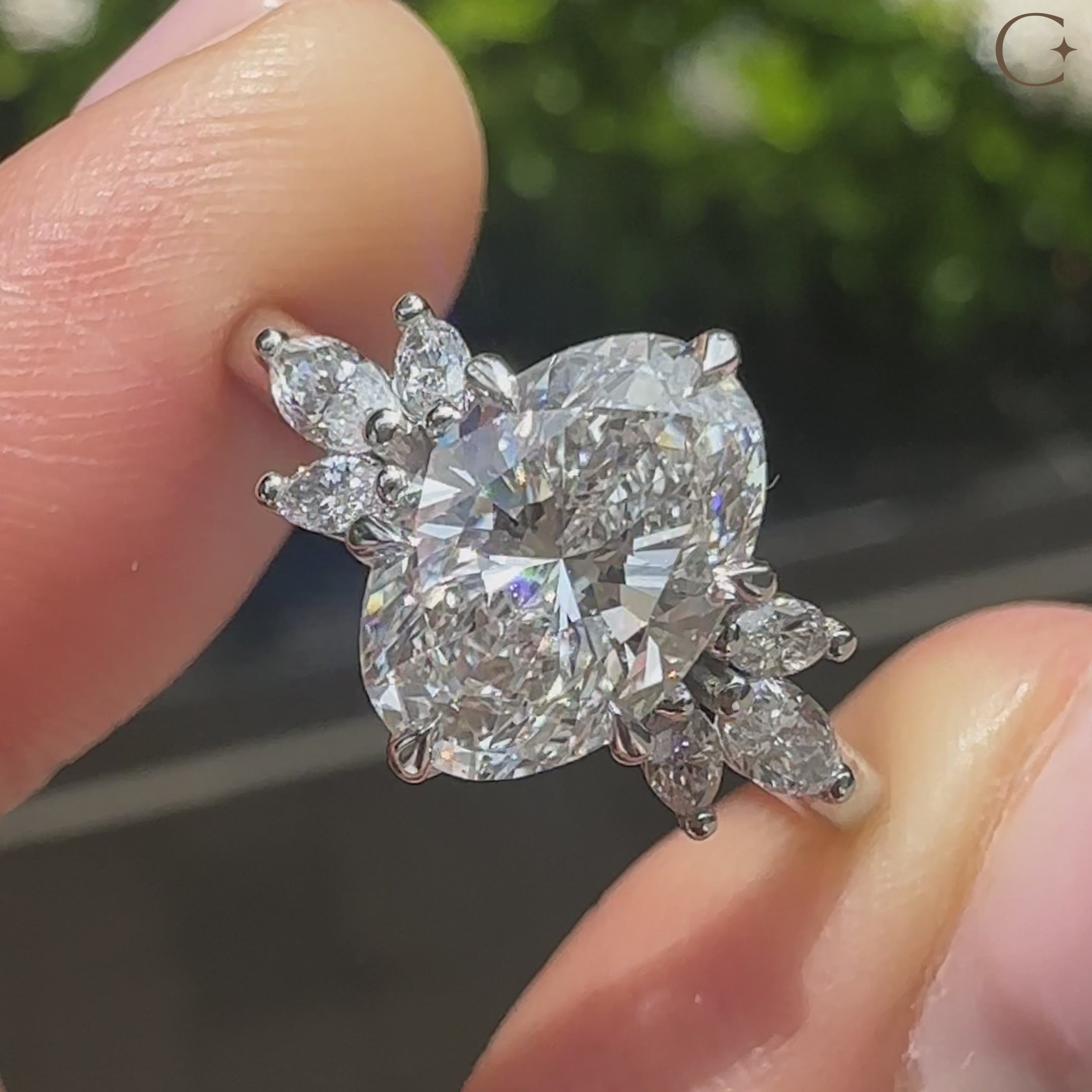 Oval lab diamond ring with six claw prong design
