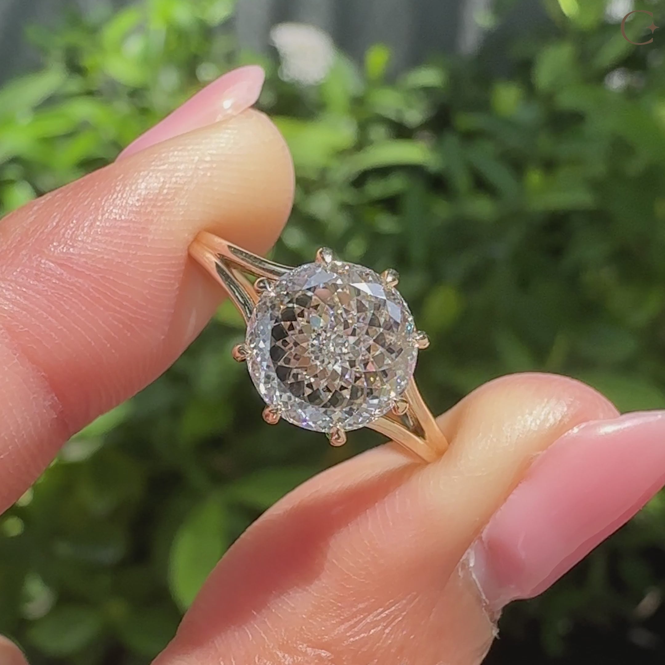 Portuguese cut diamond ring with basket setting.