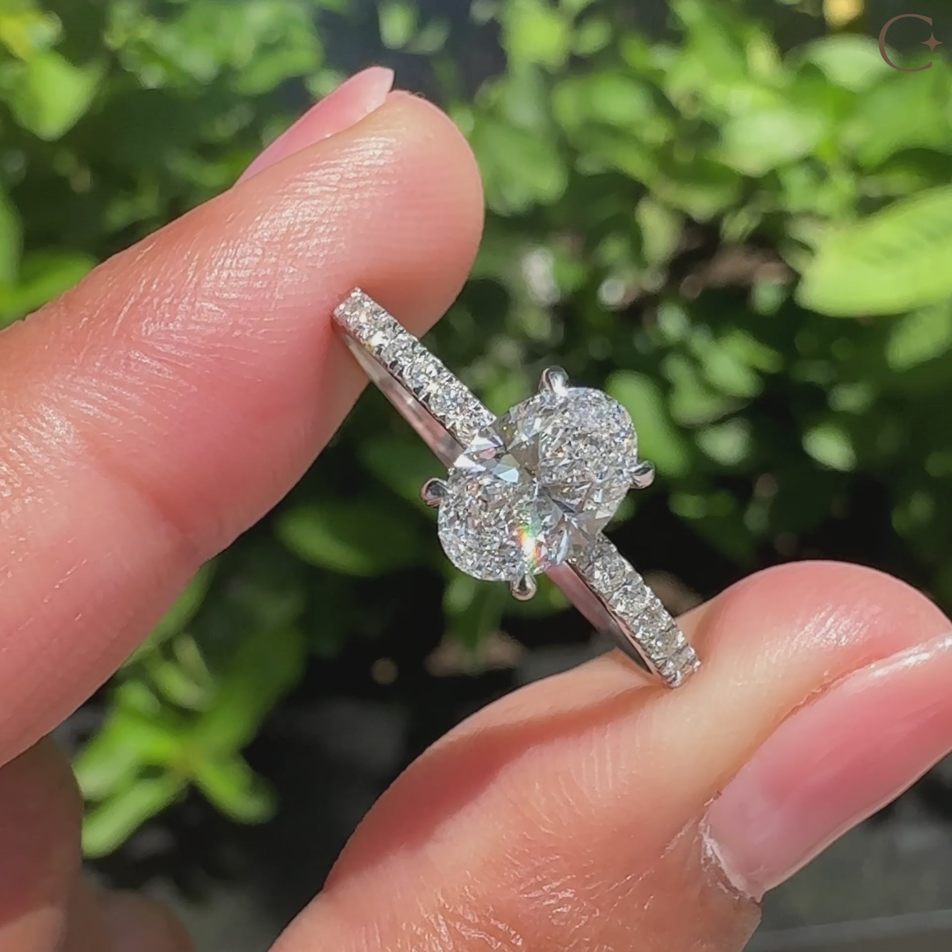 Round cut pave setting in white gold ring.