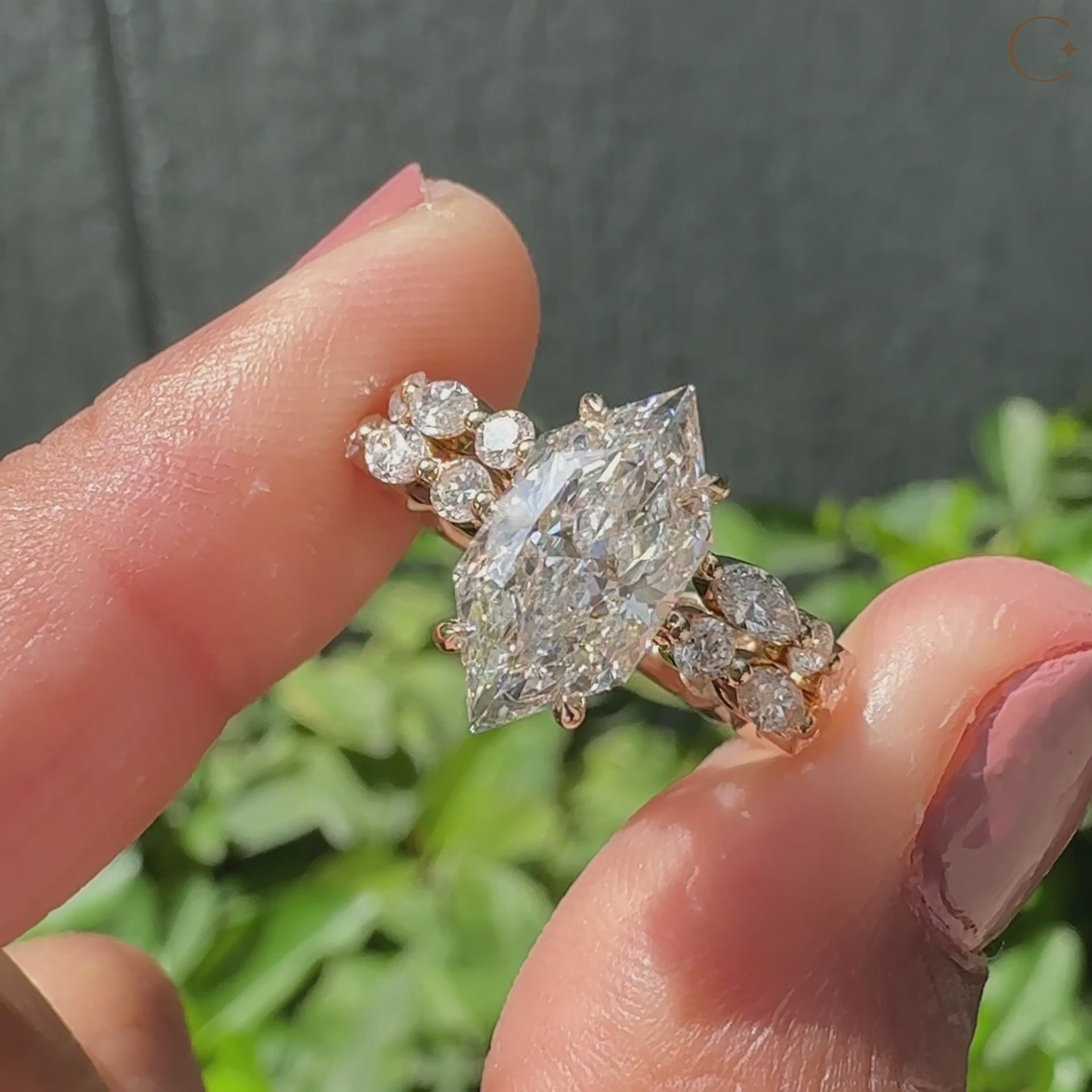 Dutch marquise engagement ring with marquise and round pave set.