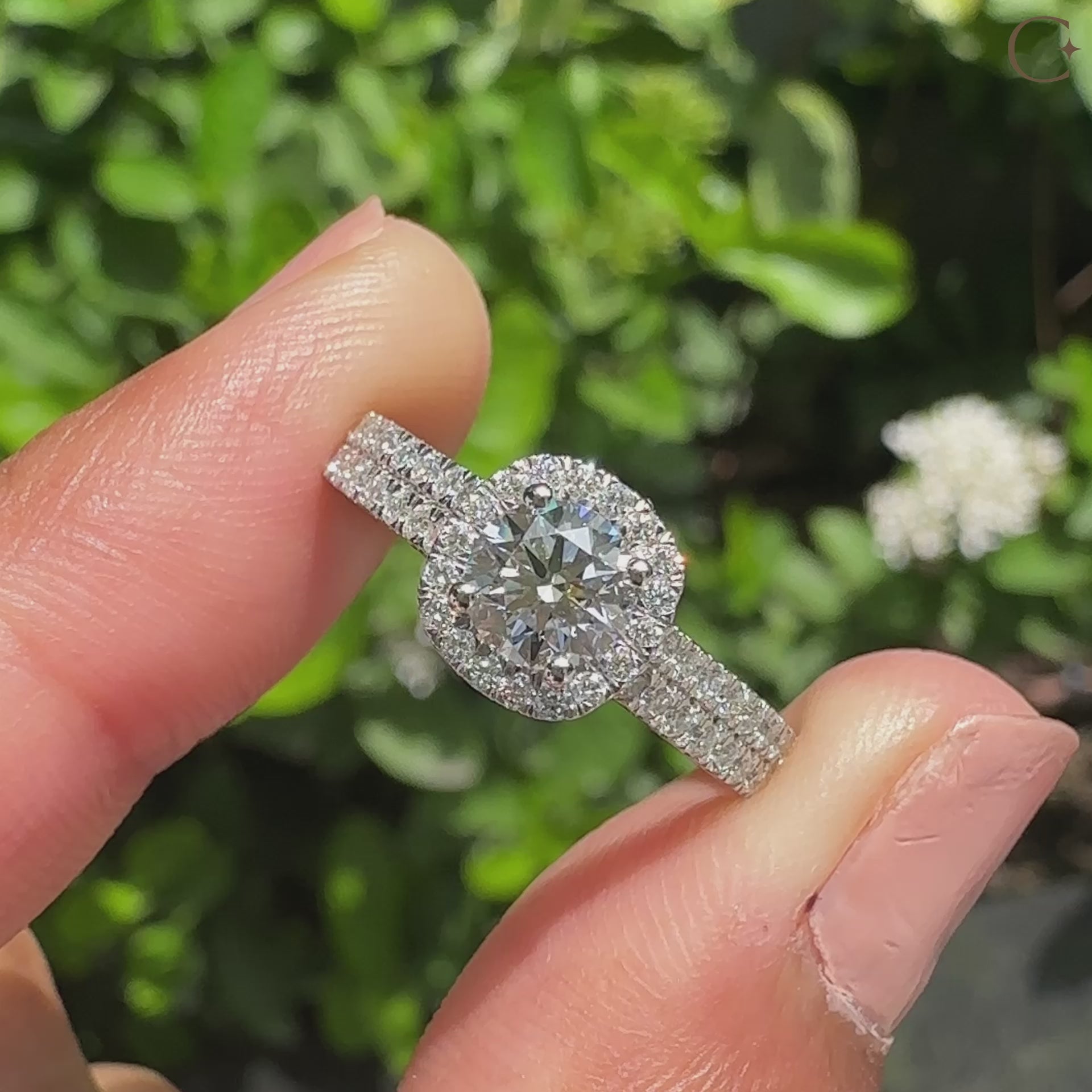 Double row pave band with cathedral setting ring.
