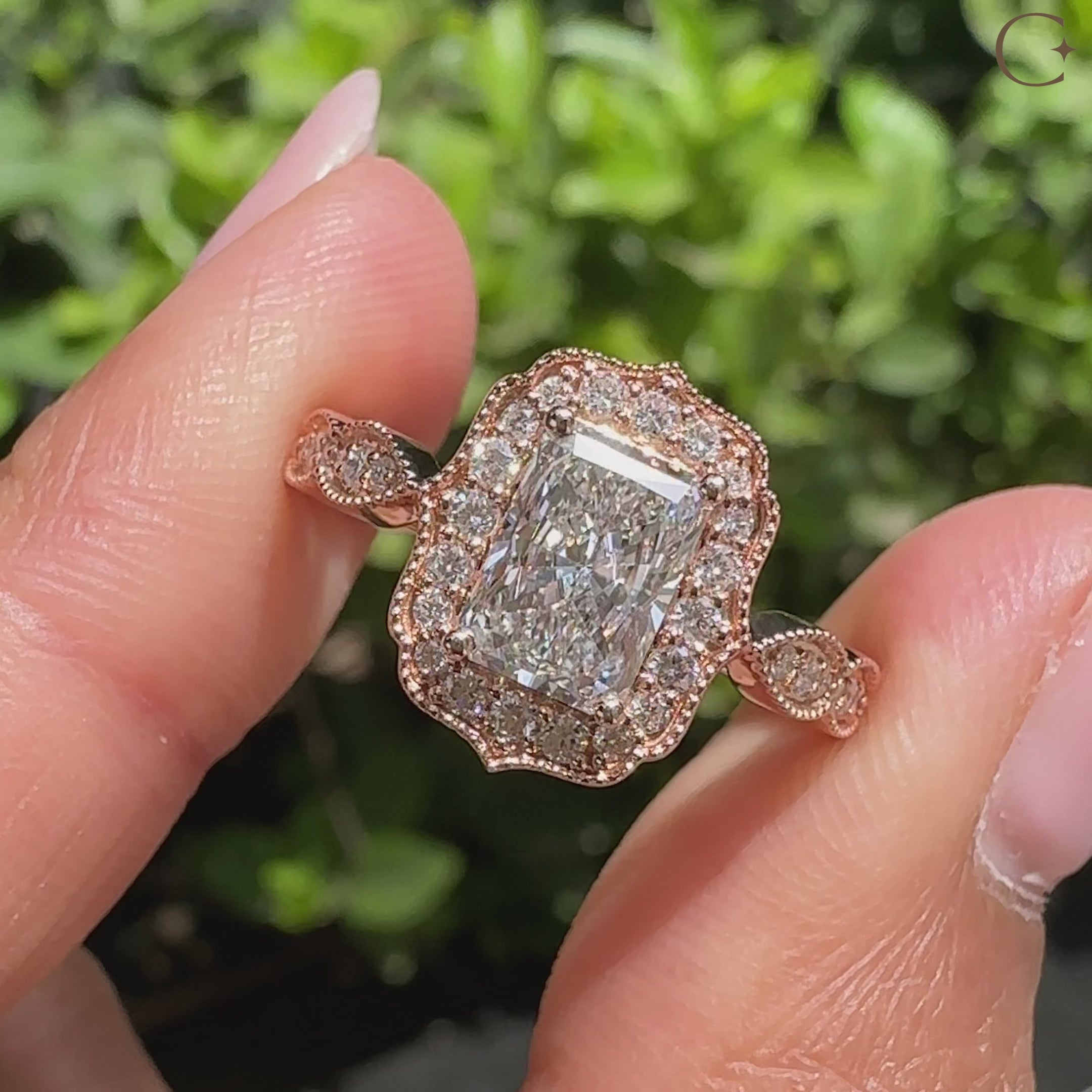 Vintage radiant diamond ring with round pave band.
