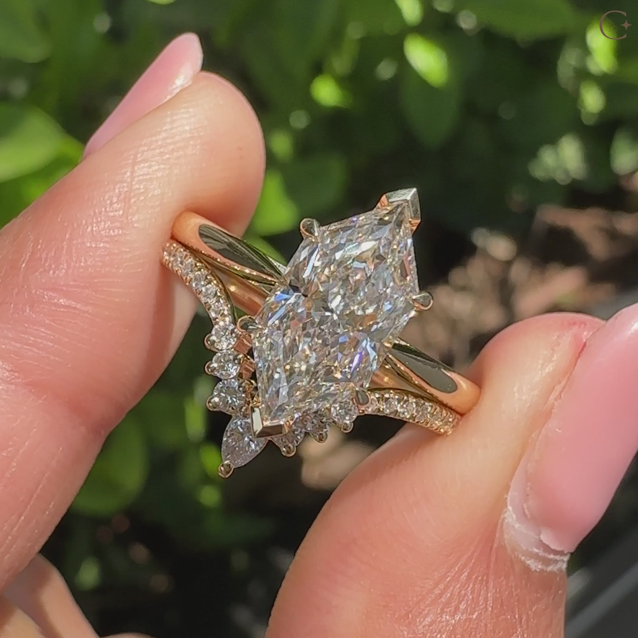 Bridal set with hidden halo style and curved wedding band
