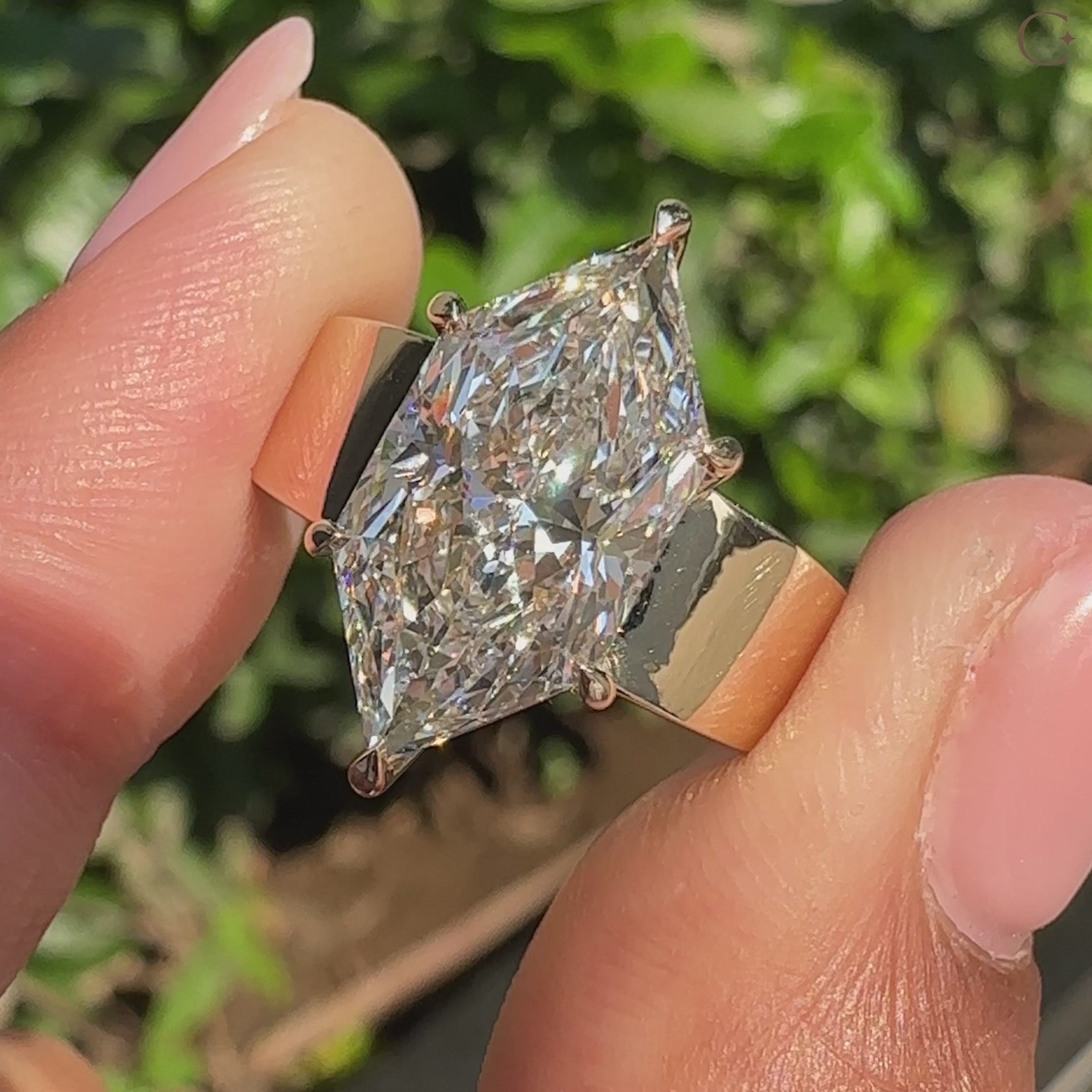 Dutch marquise solitaire ring with tapered shank design.
