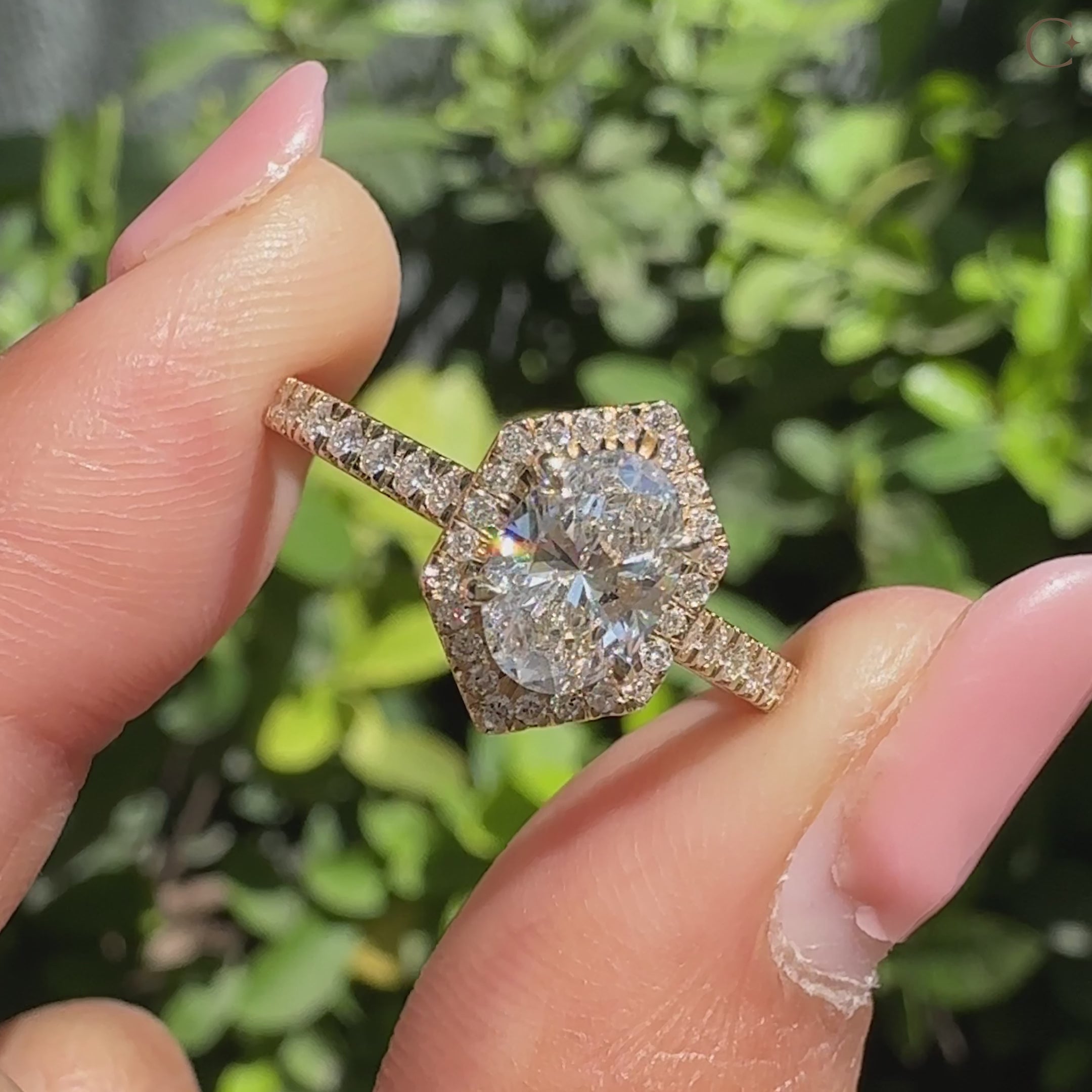 Oval Diamond Ring - Hexagon Halo Style