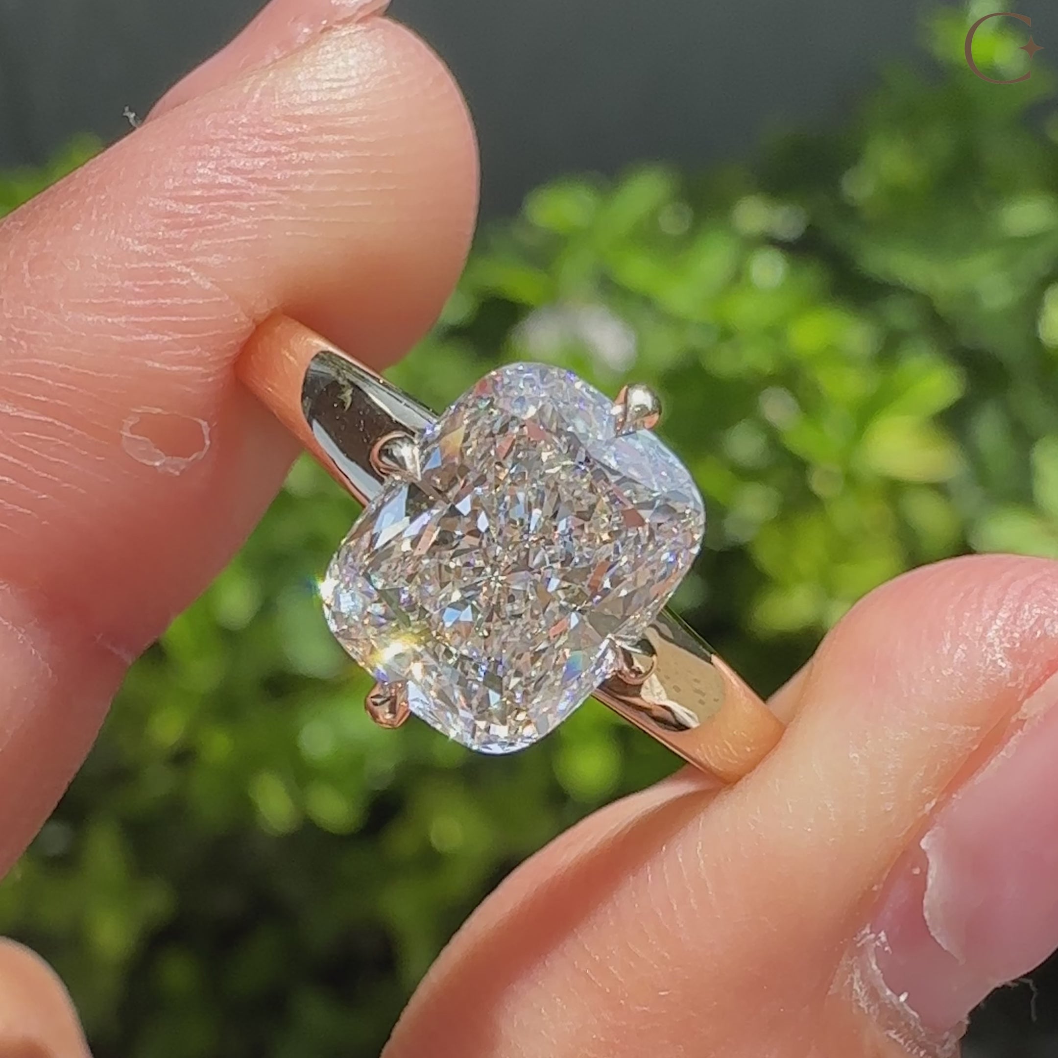 Handmade cushion diamond ring with wide shank profile design

