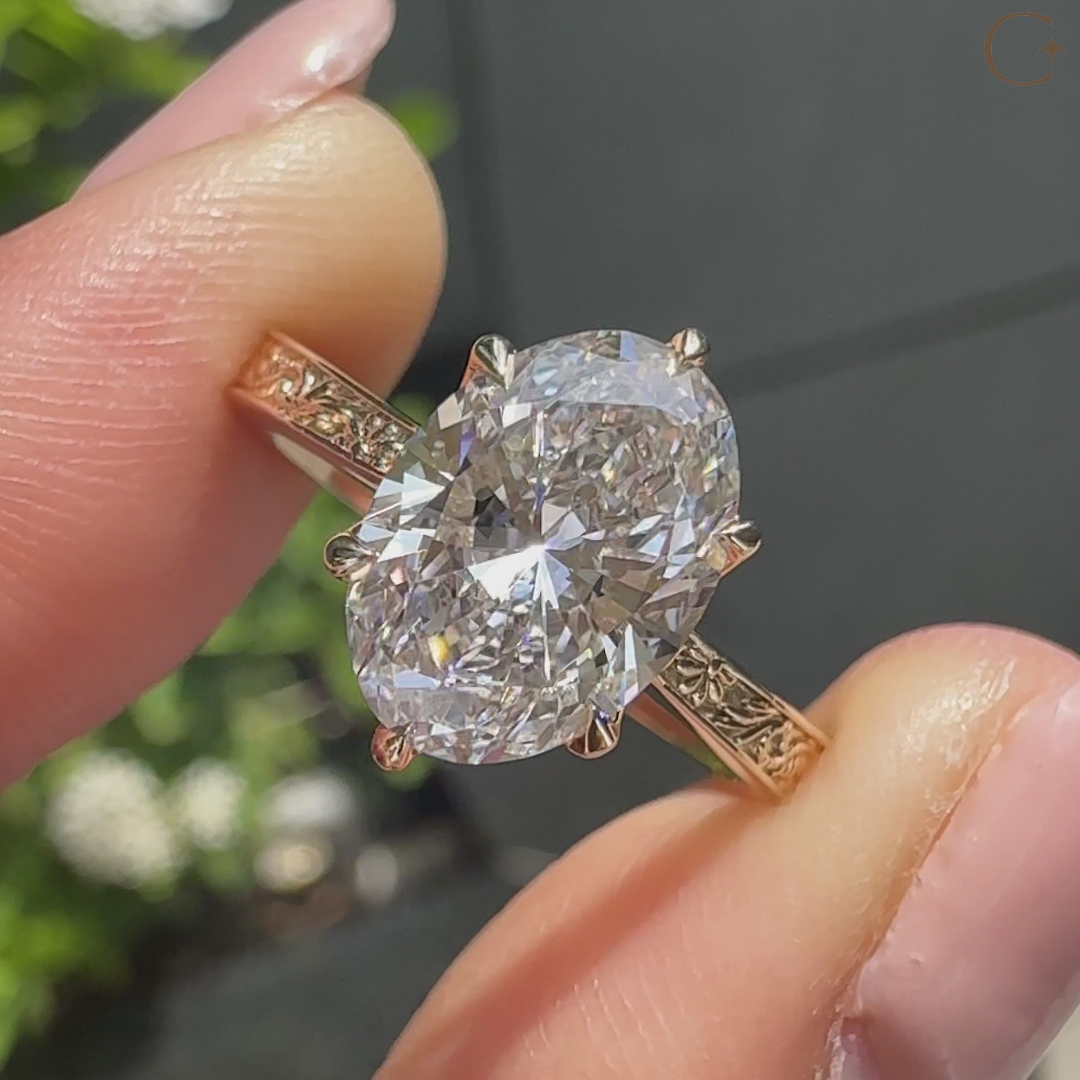 Oval solitaire ring with pink ruby hidden accent setting
