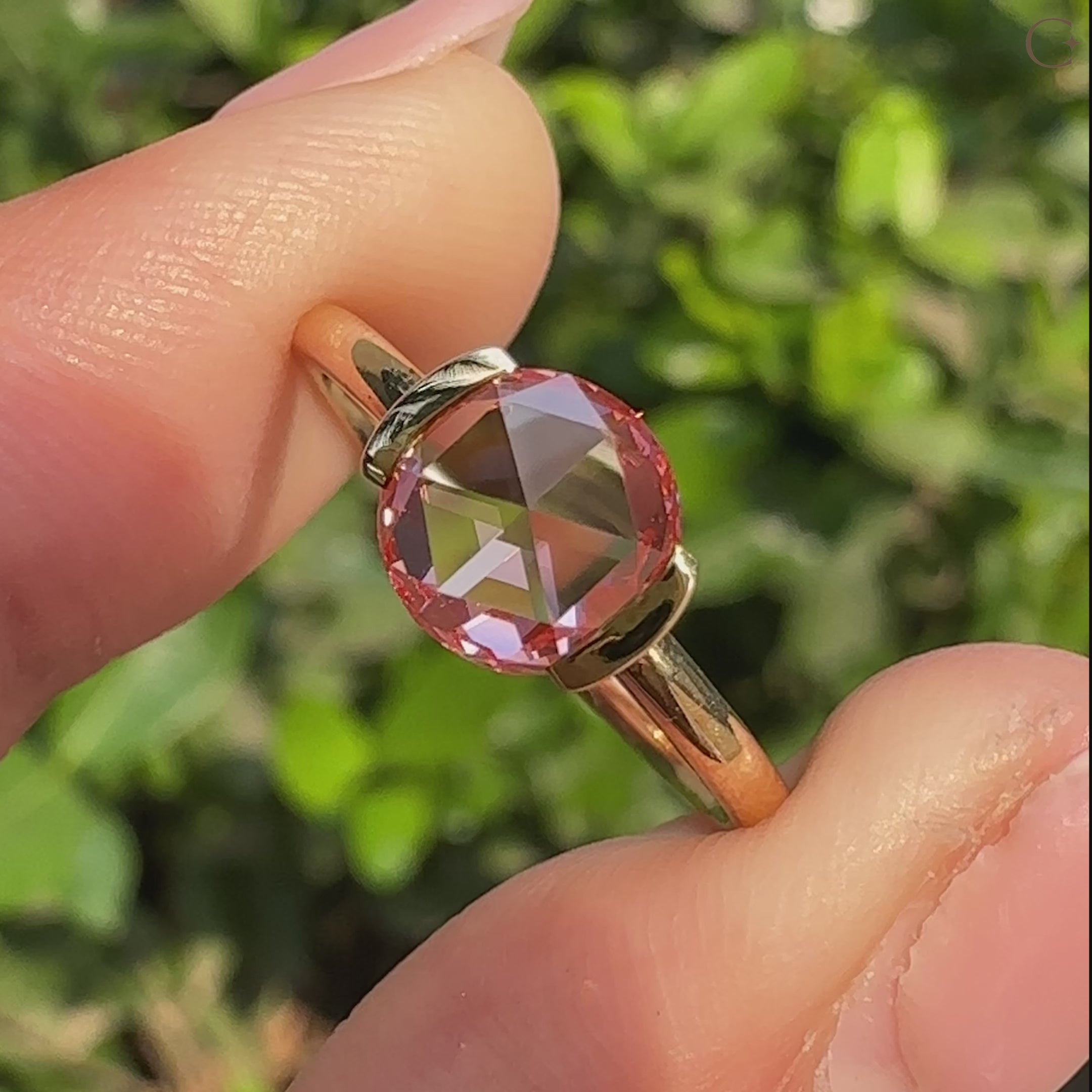 Handmade lab grown pink diamond solitaire ring.