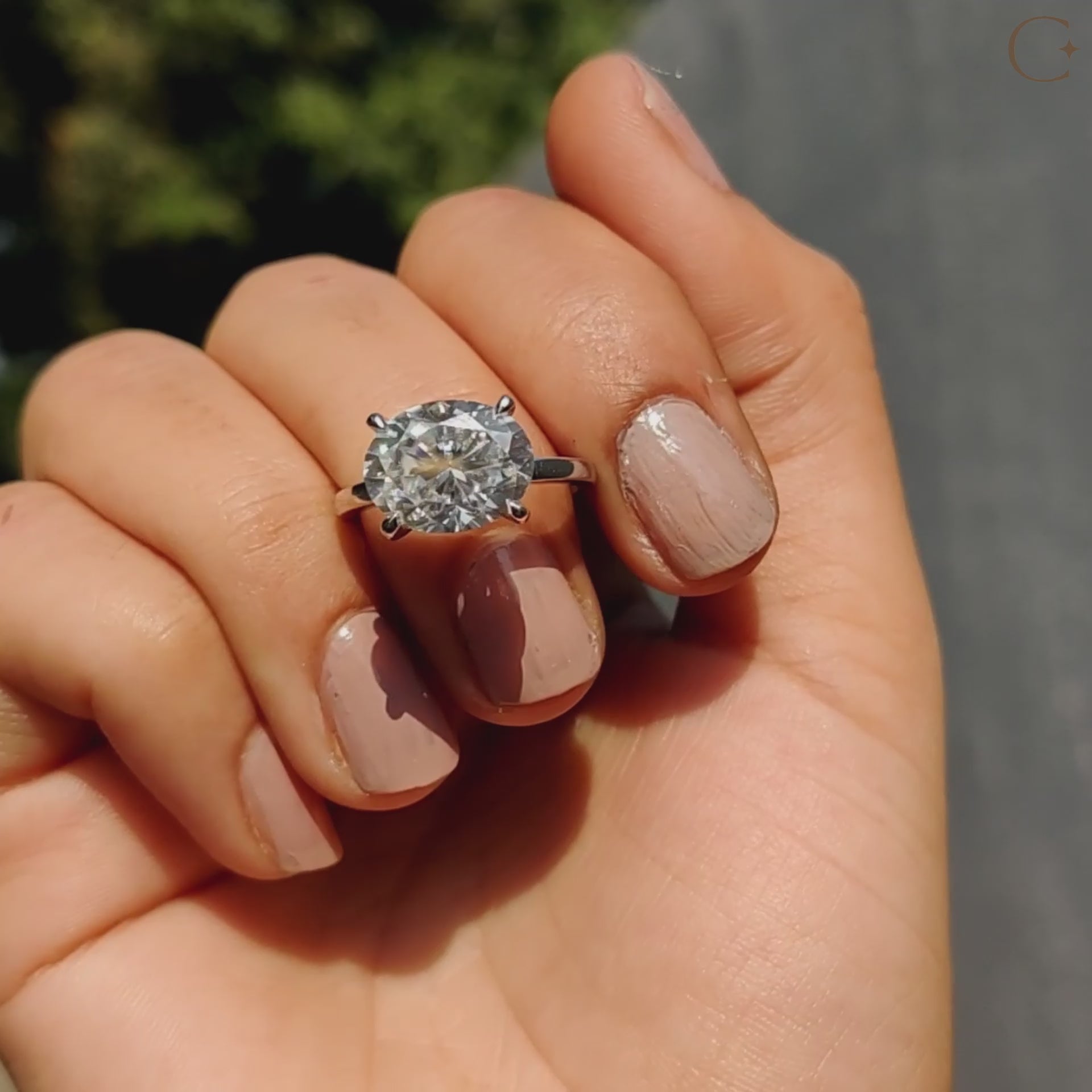 Oval cut ring in a white gold solitaire design.
