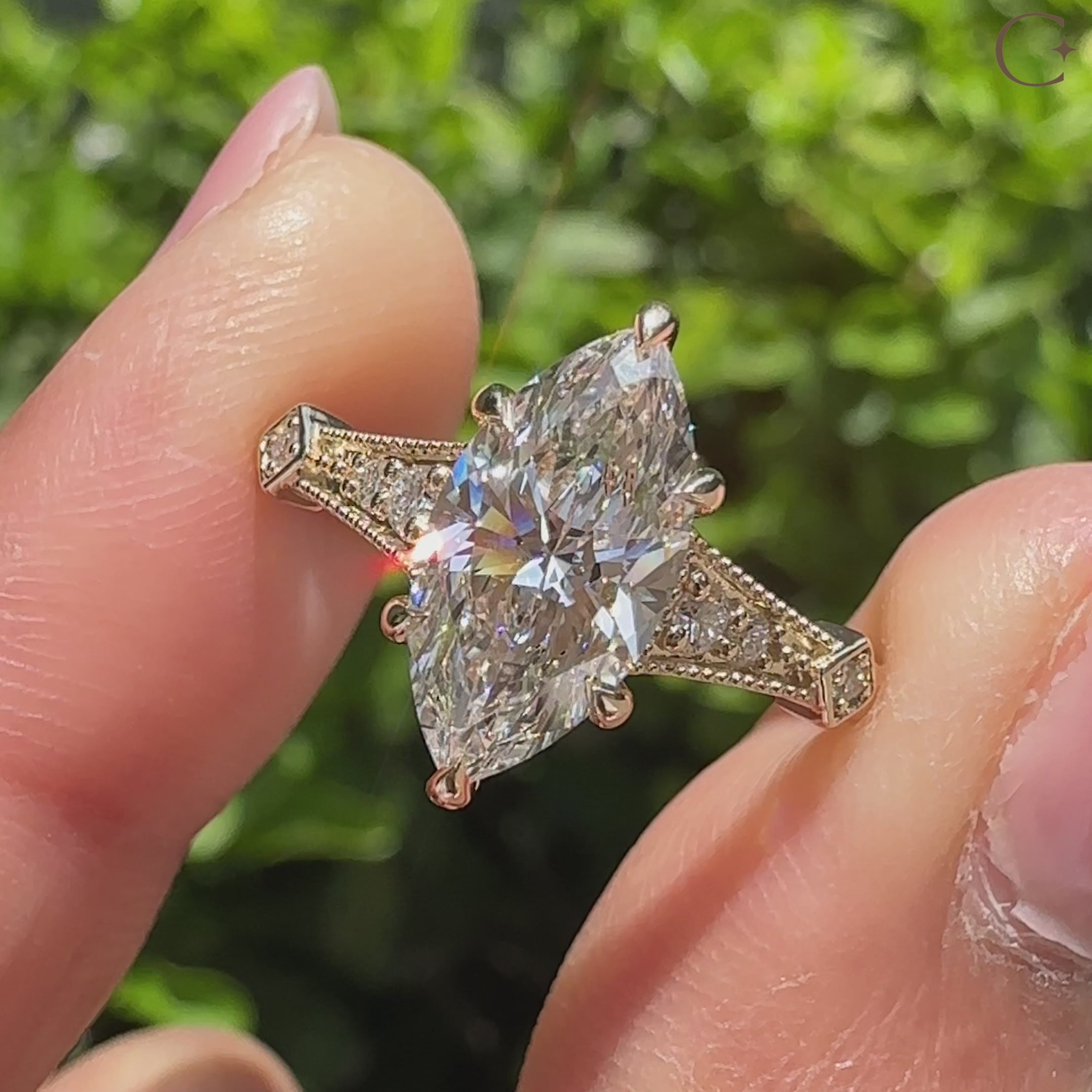 Lab grown marquise ring with milgrain and six prongs.
