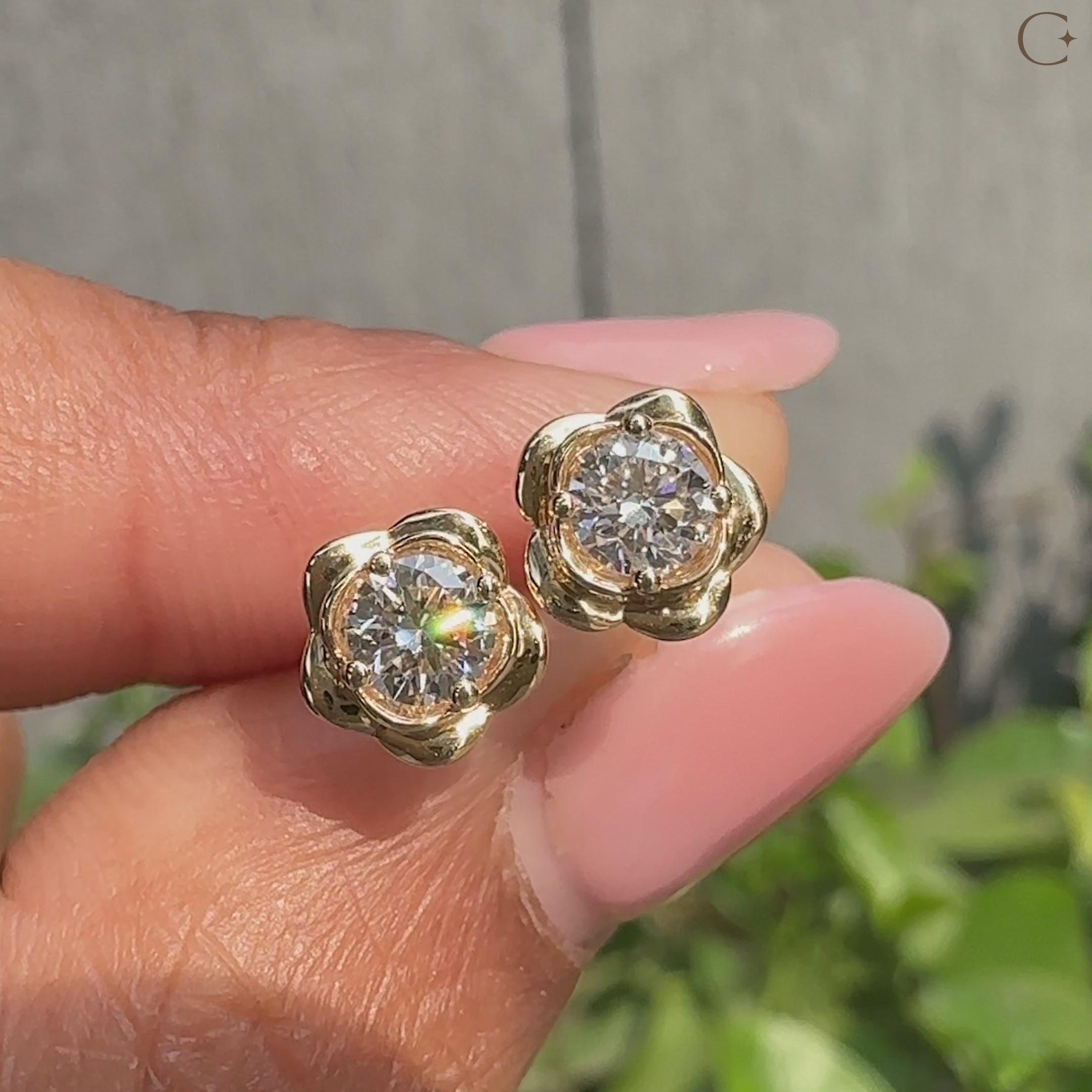 Round diamond flower stud earrings handmade.
