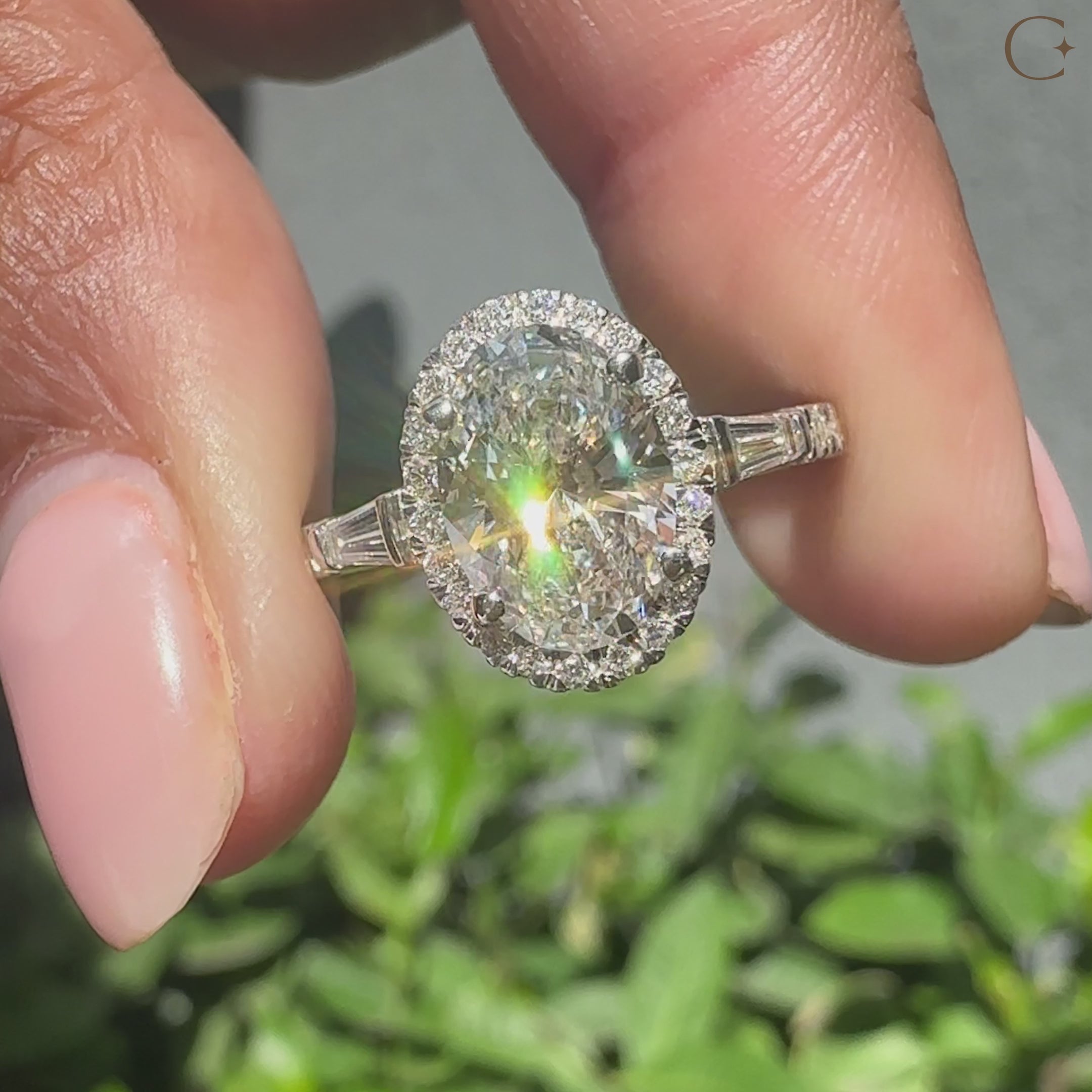 Halo setting ring in oval pave engagement ring design.