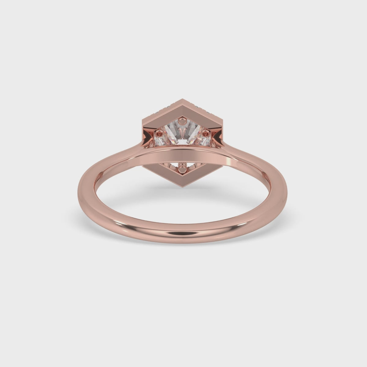 Hexagon Shape Halo Engagement Ring In Rose Gold