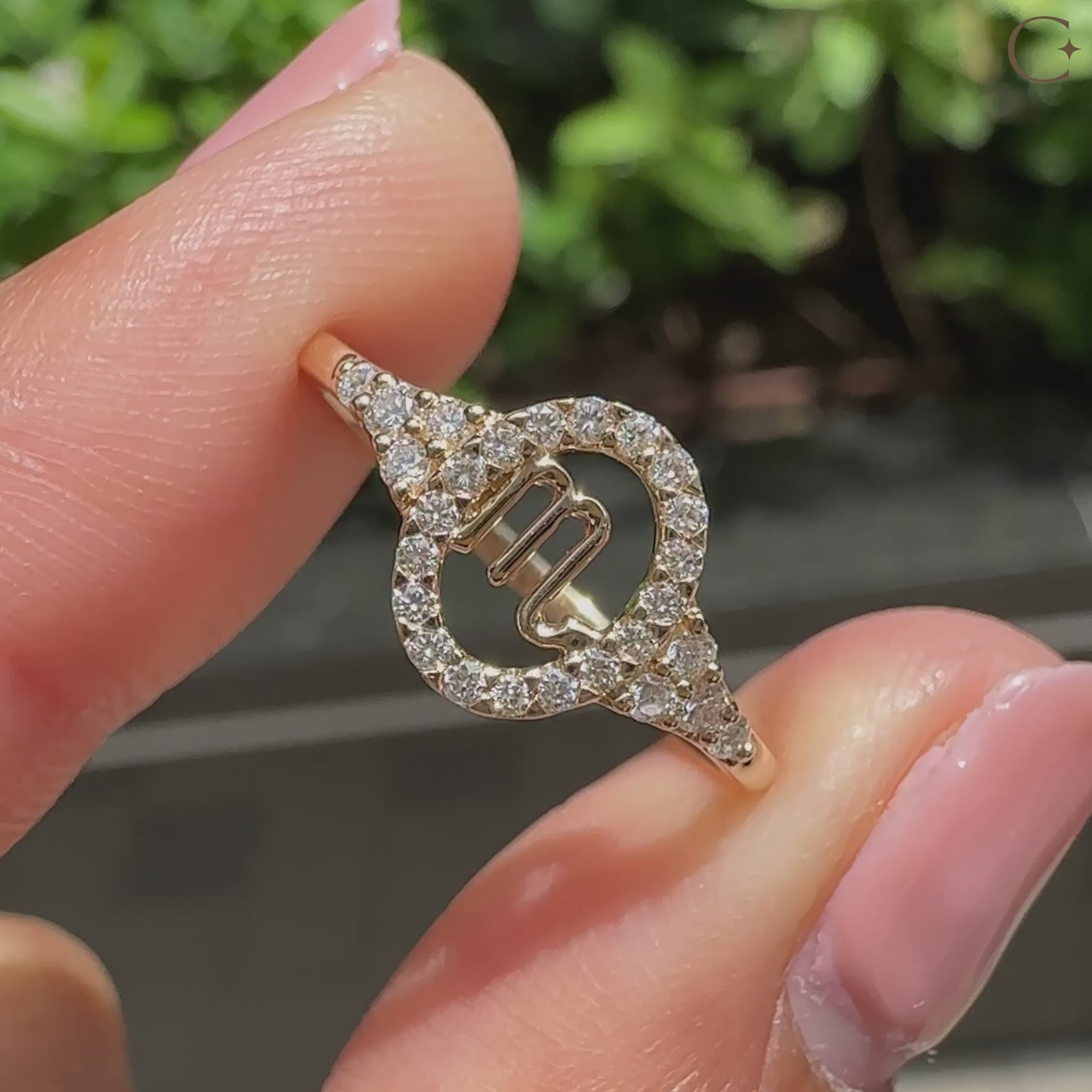 Handmade Scorpio engagement ring featuring astrology design and IGI certified diamond.
