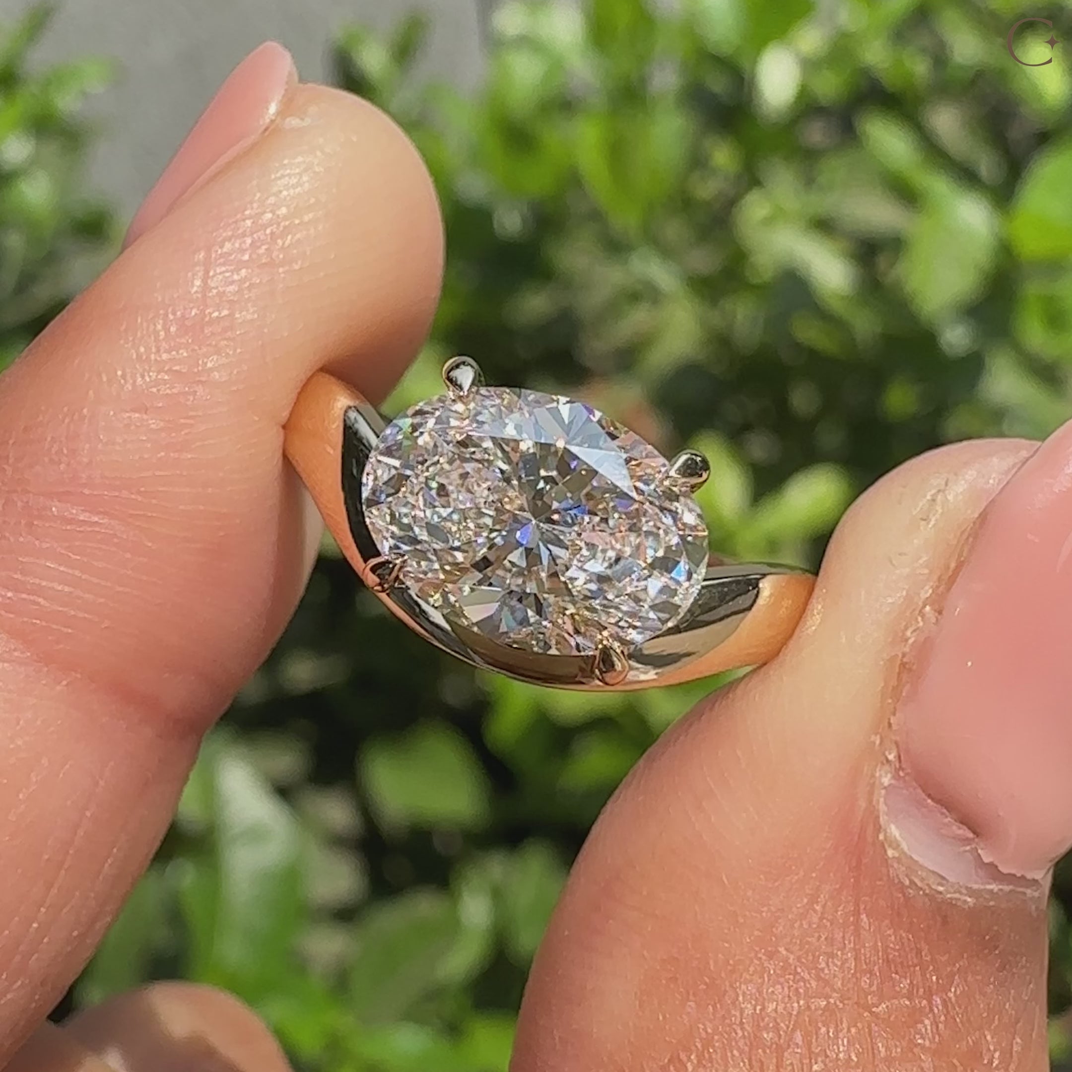 Oval cut diamond ring with four claw prong and smooth band