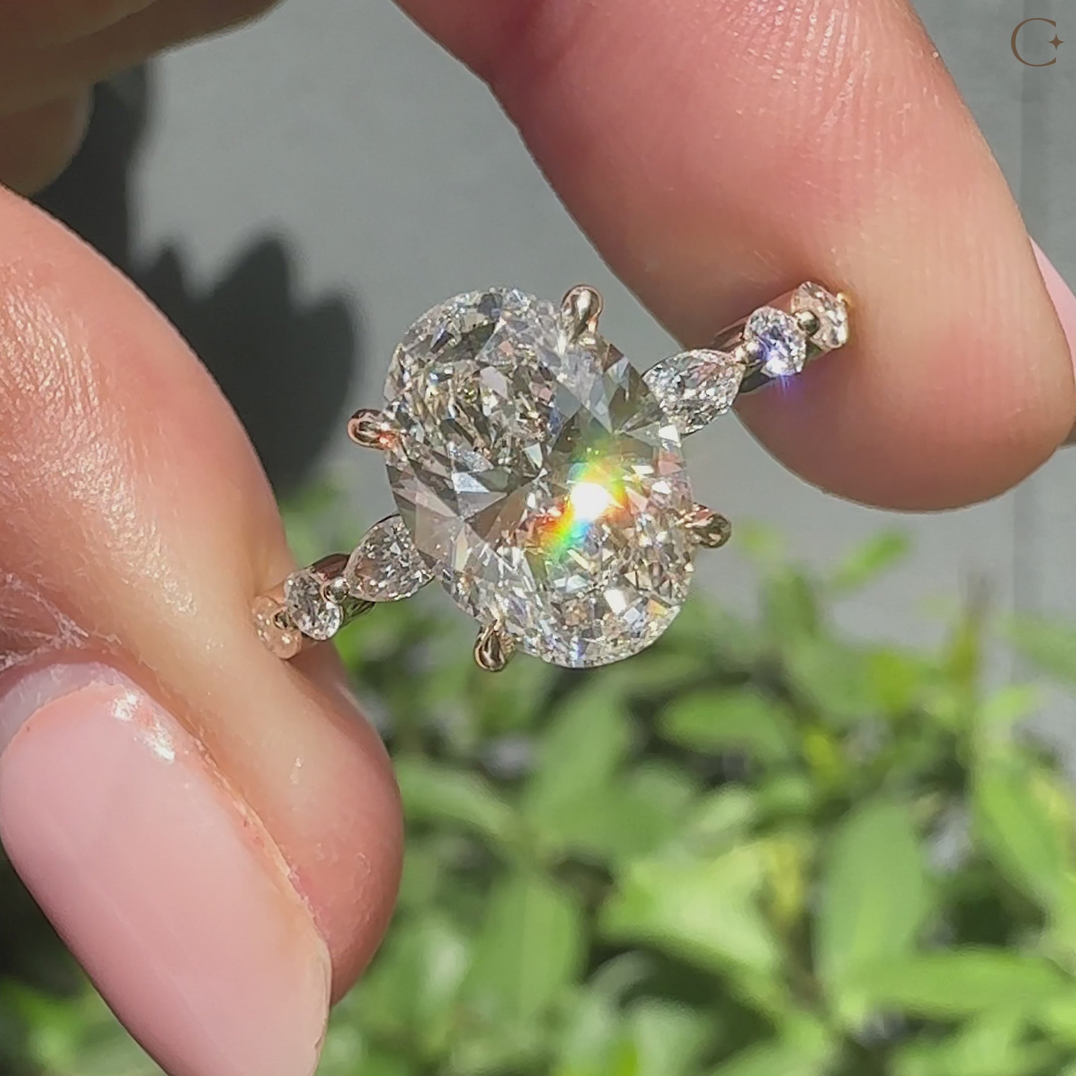 Handmade oval diamond ring with pave setting