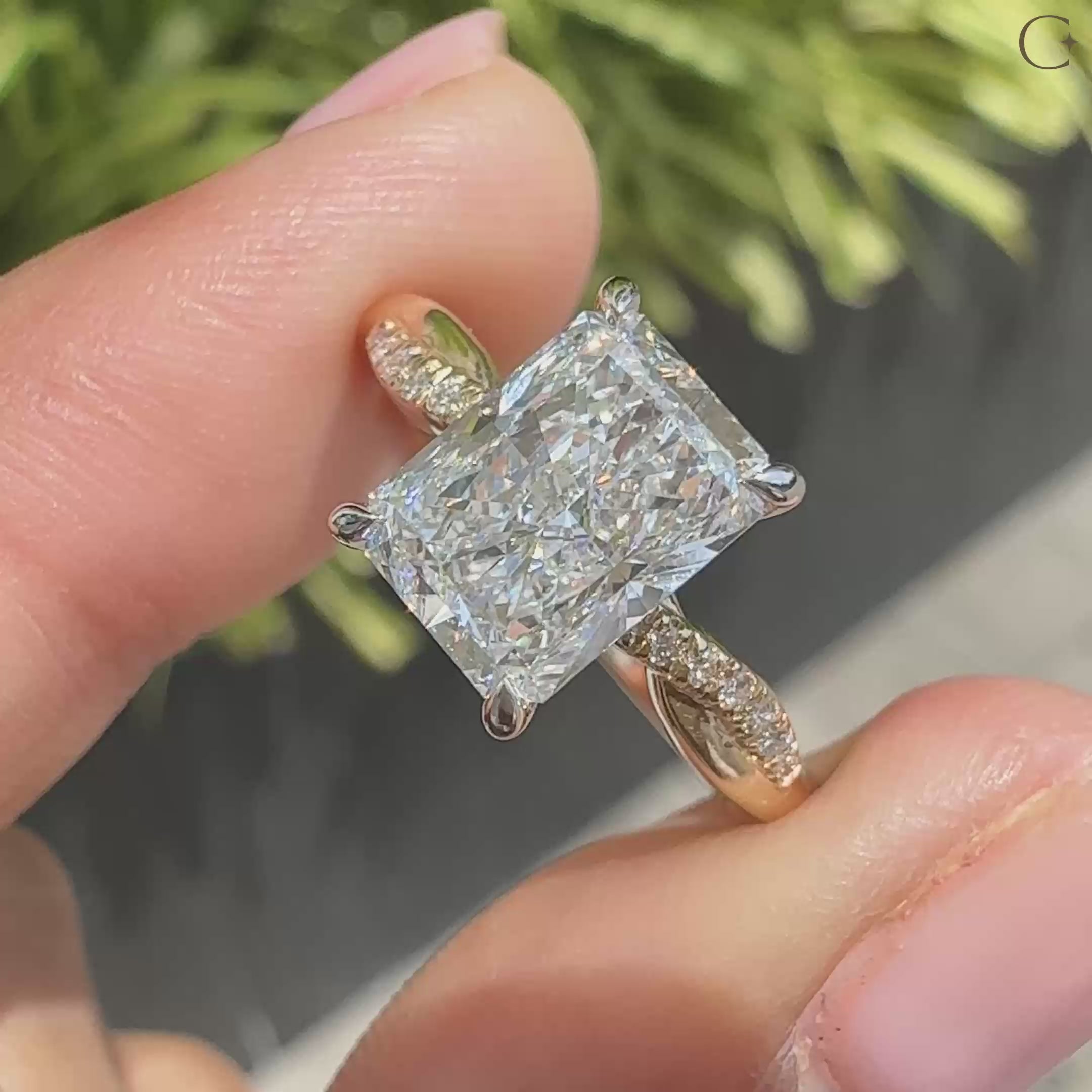 4 claw prong setting in round cut side stone ring.