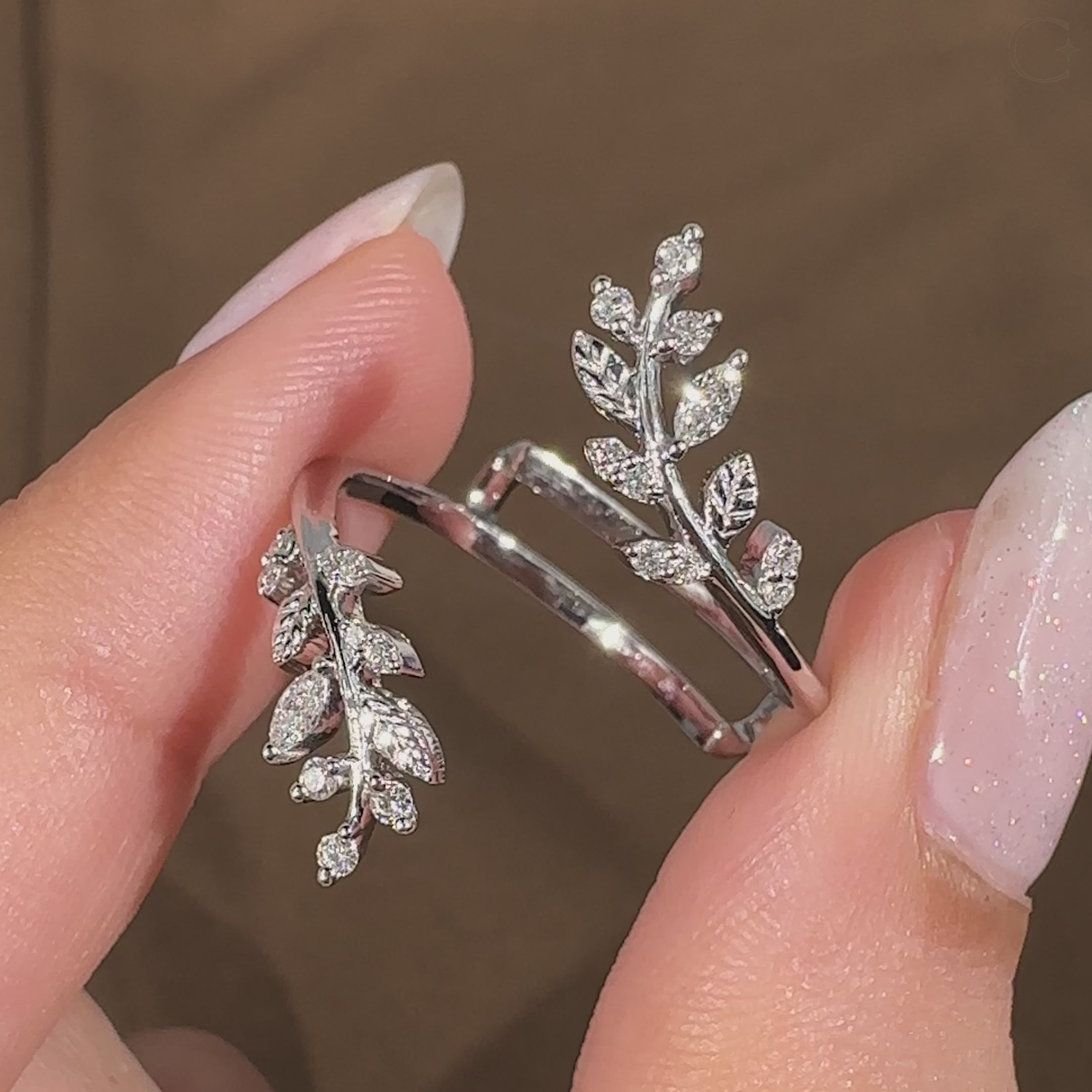 Marquise and round wedding band with wrap guard and leaf style details