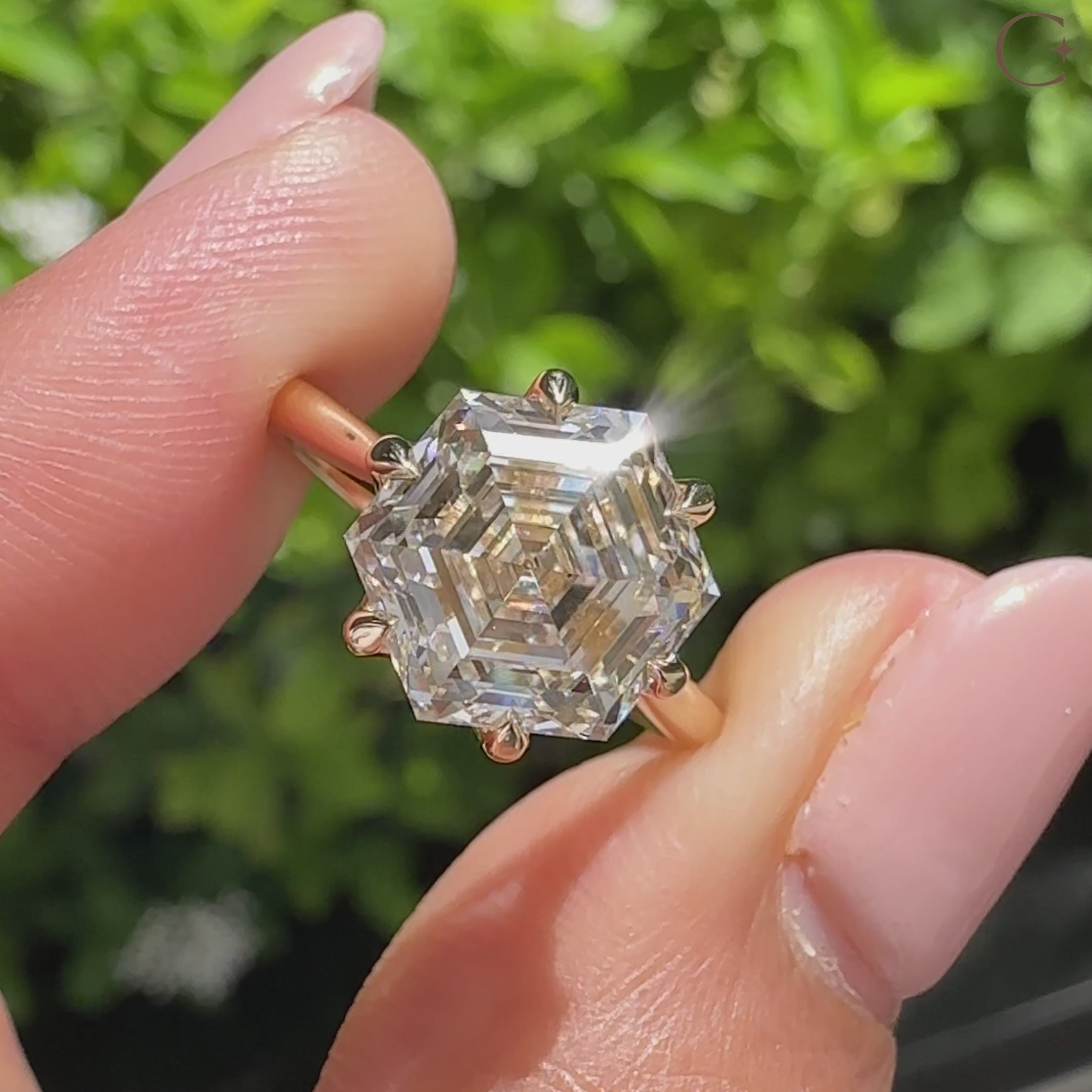 Step cut hexagon diamond ring with six claw setting
