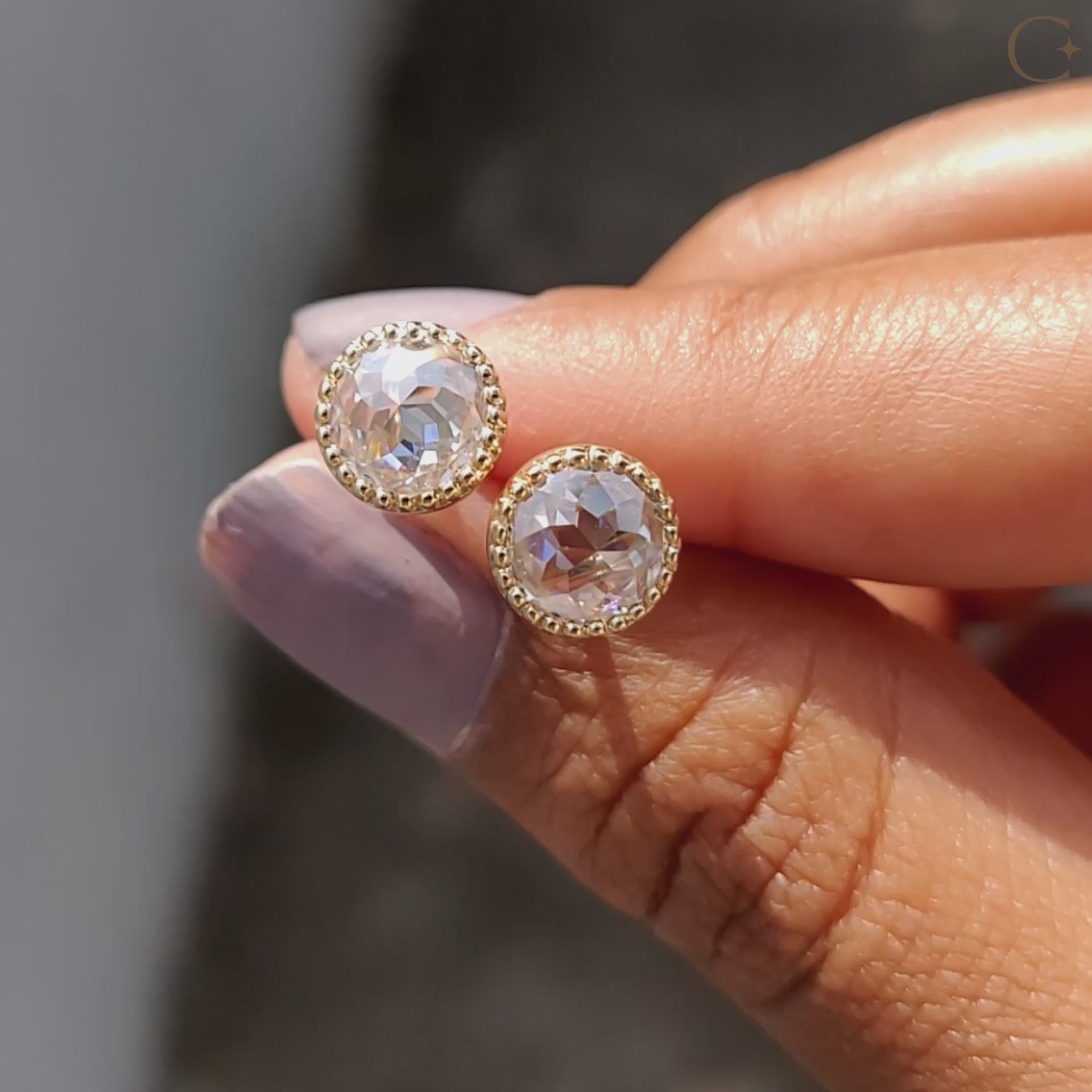 Round rose cut stud earrings designed as Moissanite Stud Earrings with bezel setting for handmade earrings.
