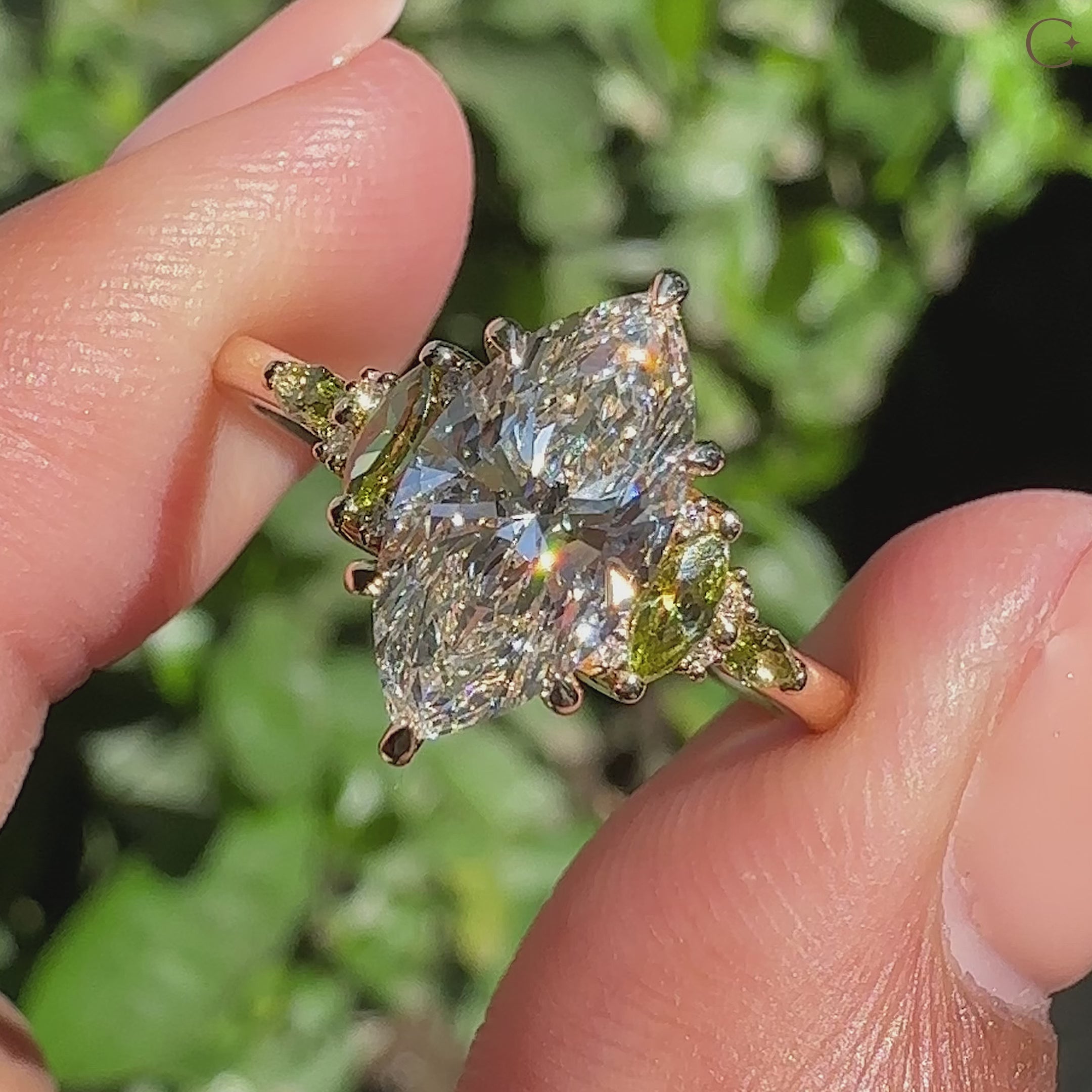 Handmade marquise diamond ring with muse setting and tapered shank.
