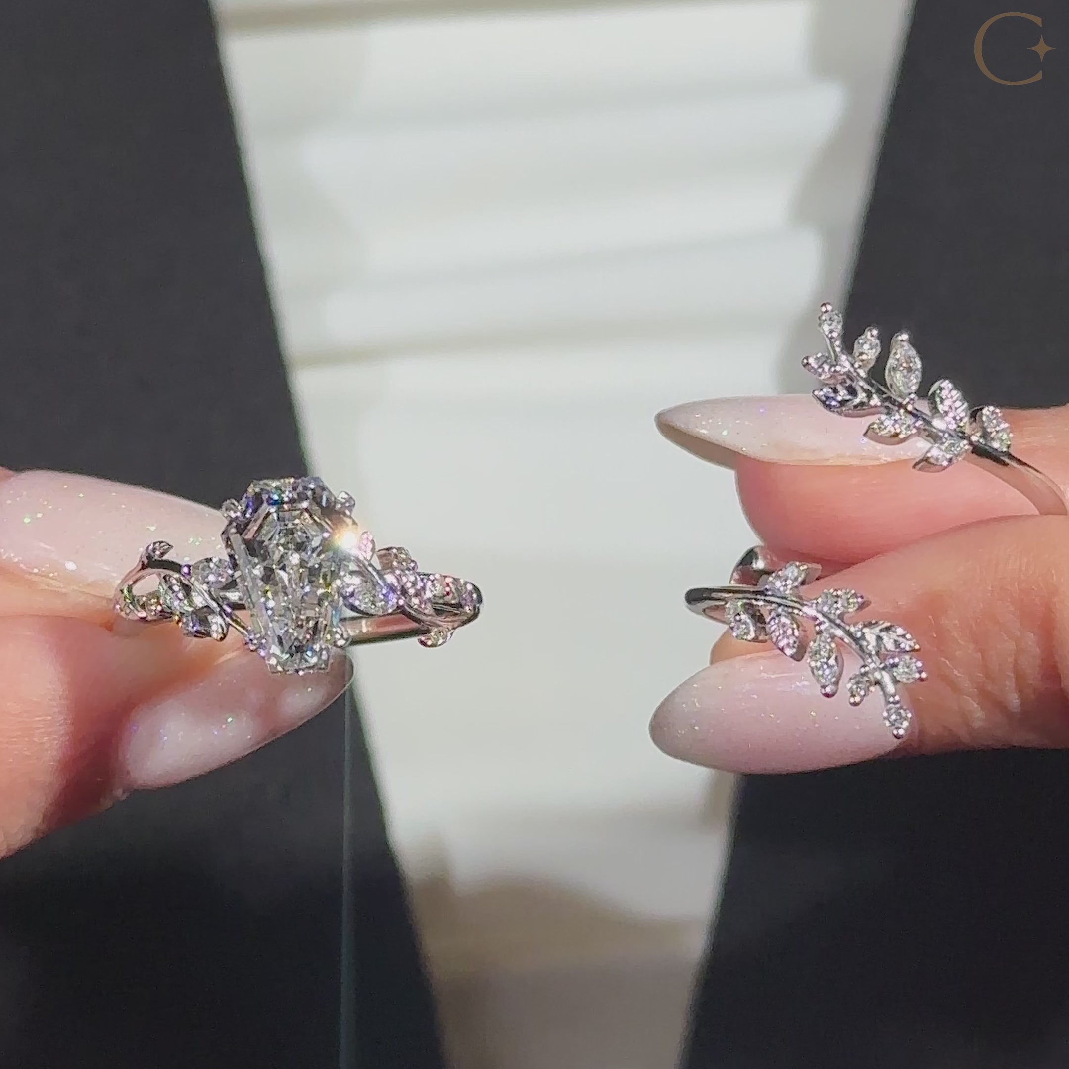 Coffin Wedding Ring with Leaf Style Prong Setting

